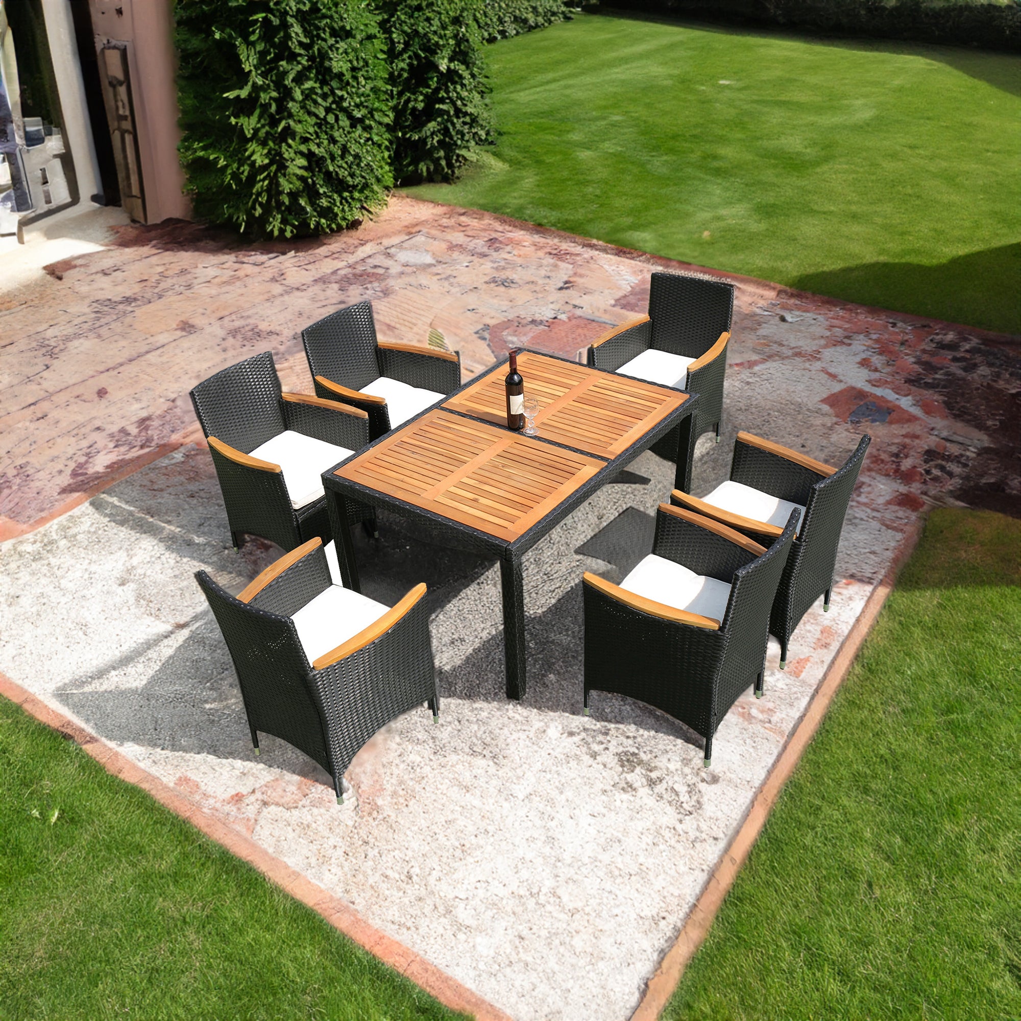 Ensemble de salle à manger d'extérieur en osier 7 pièces EELIFEE avec plateau en bois d'acacia