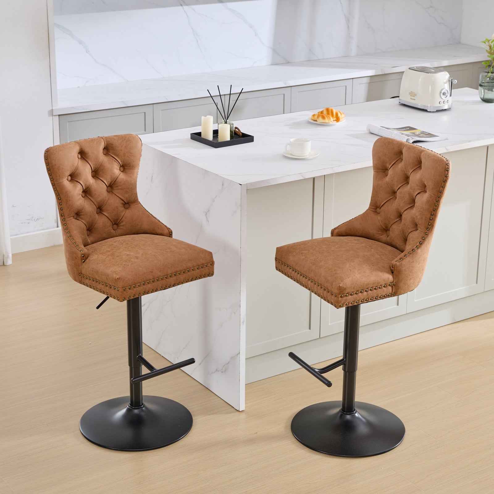 Tabouret de bar rotatif vintage en PU, hauteur d'assise réglable de 25 à 33 pouces, tabouret de bar moderne (orange, ensemble de 2 pièces)