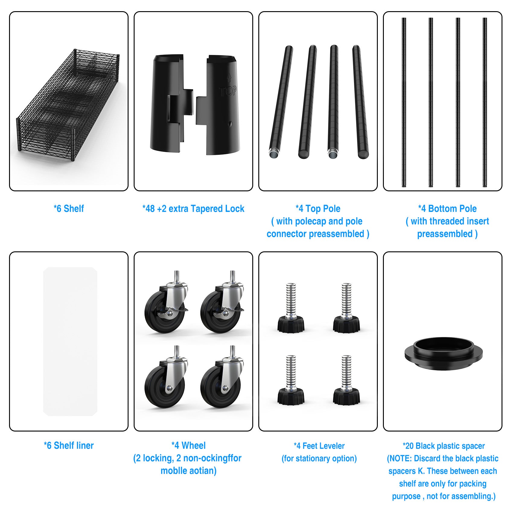 Étagère métallique à 6 niveaux, 6 000 lb, réglable en hauteur, avec roulettes, noire, pour garage