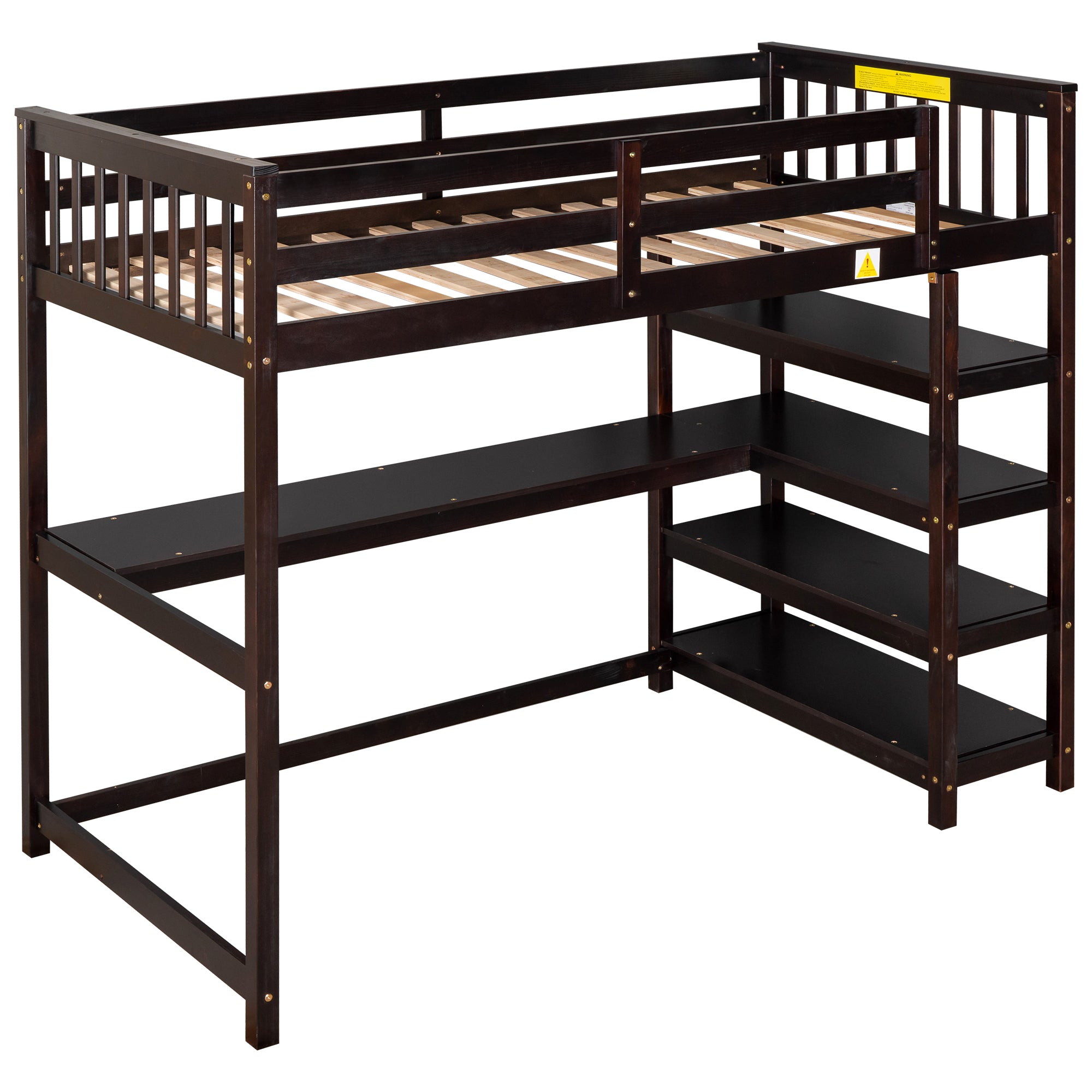 Twin Size Loft Bed with Storage Shelves and Under-bed Desk Espresso