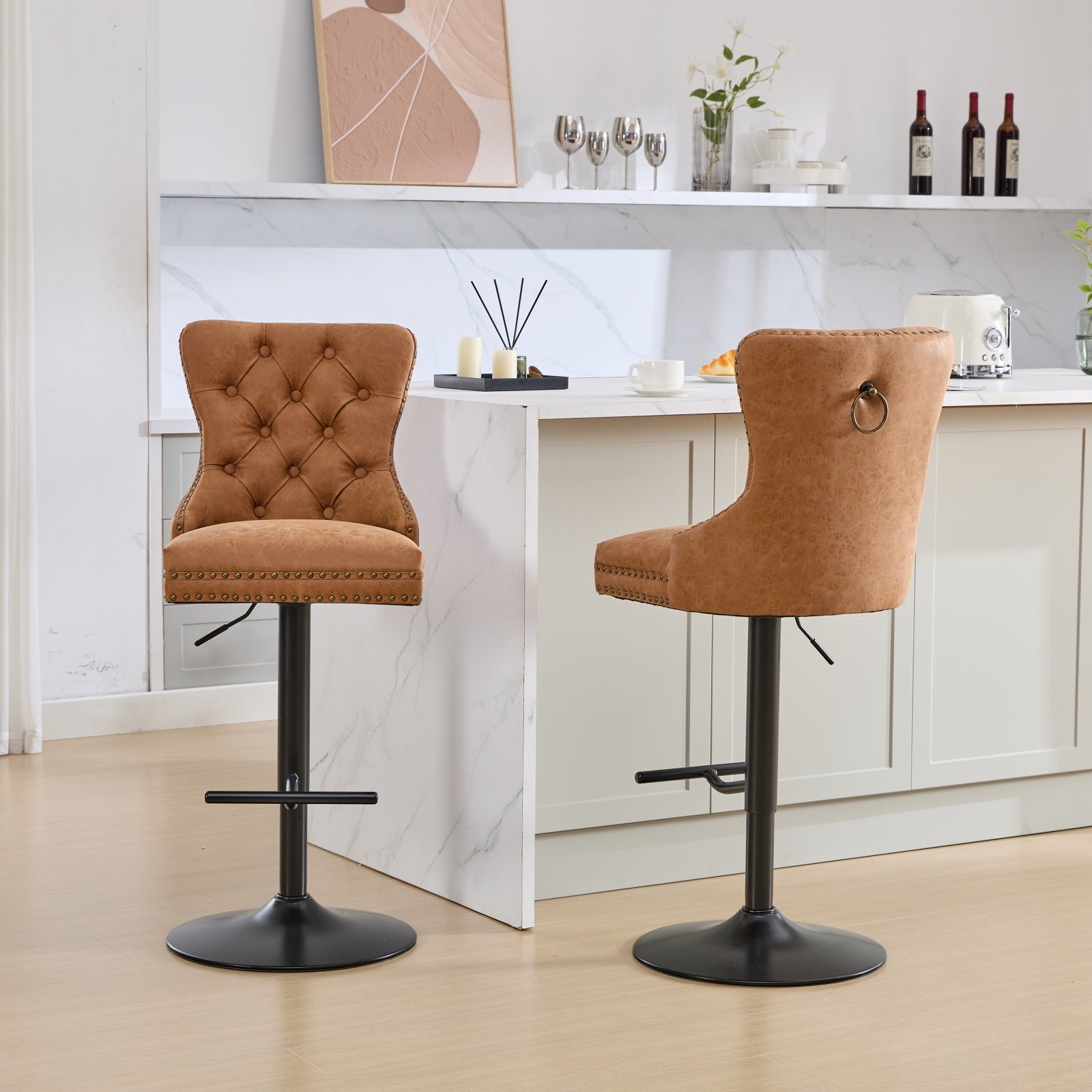Tabouret de bar rotatif vintage en PU, hauteur d'assise réglable de 25 à 33 pouces, tabouret de bar moderne (orange, ensemble de 2 pièces)