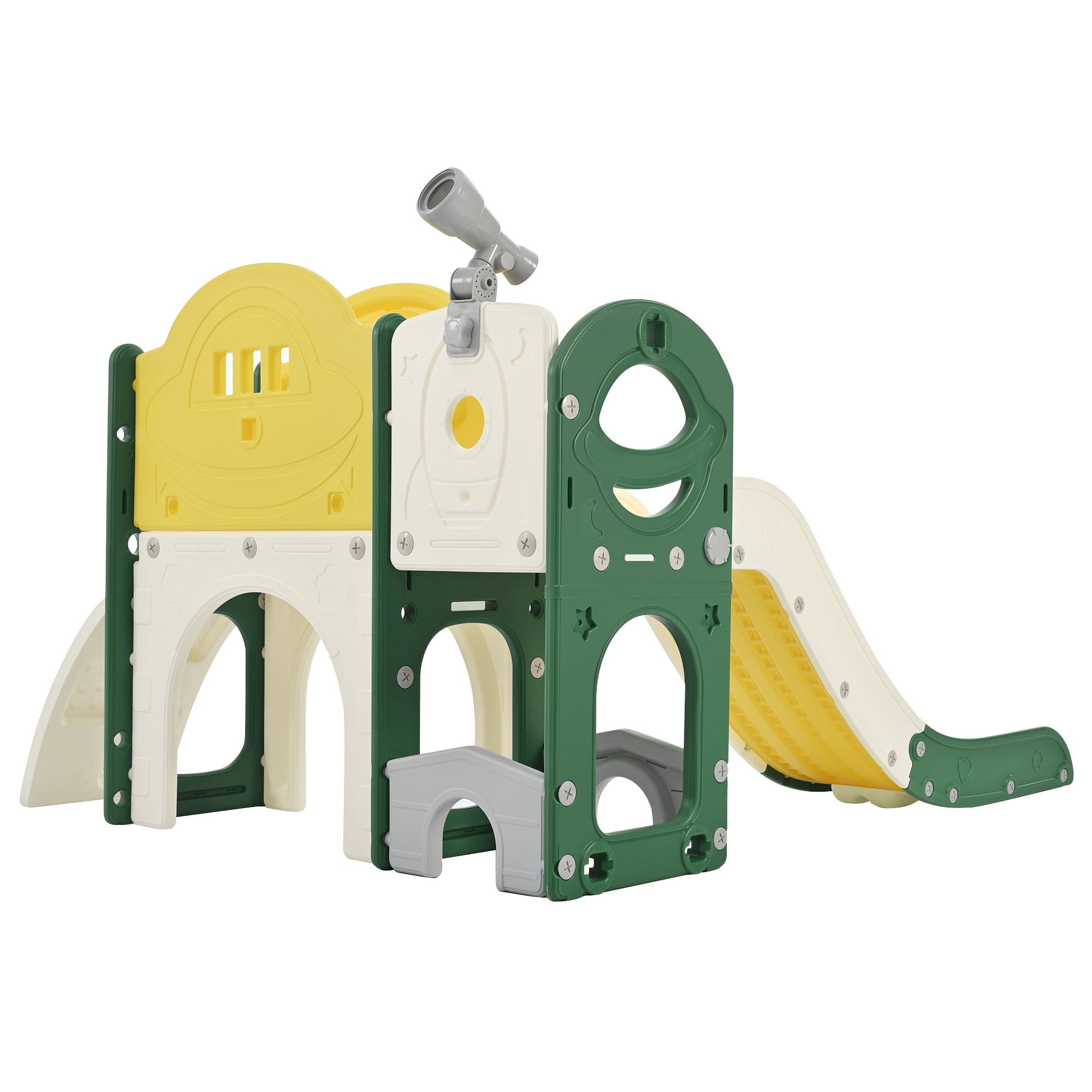Structure de jeu pour enfants 7 en 1, vaisseau spatial autonome avec toboggan, tunnel en arche jaune + PEHD
