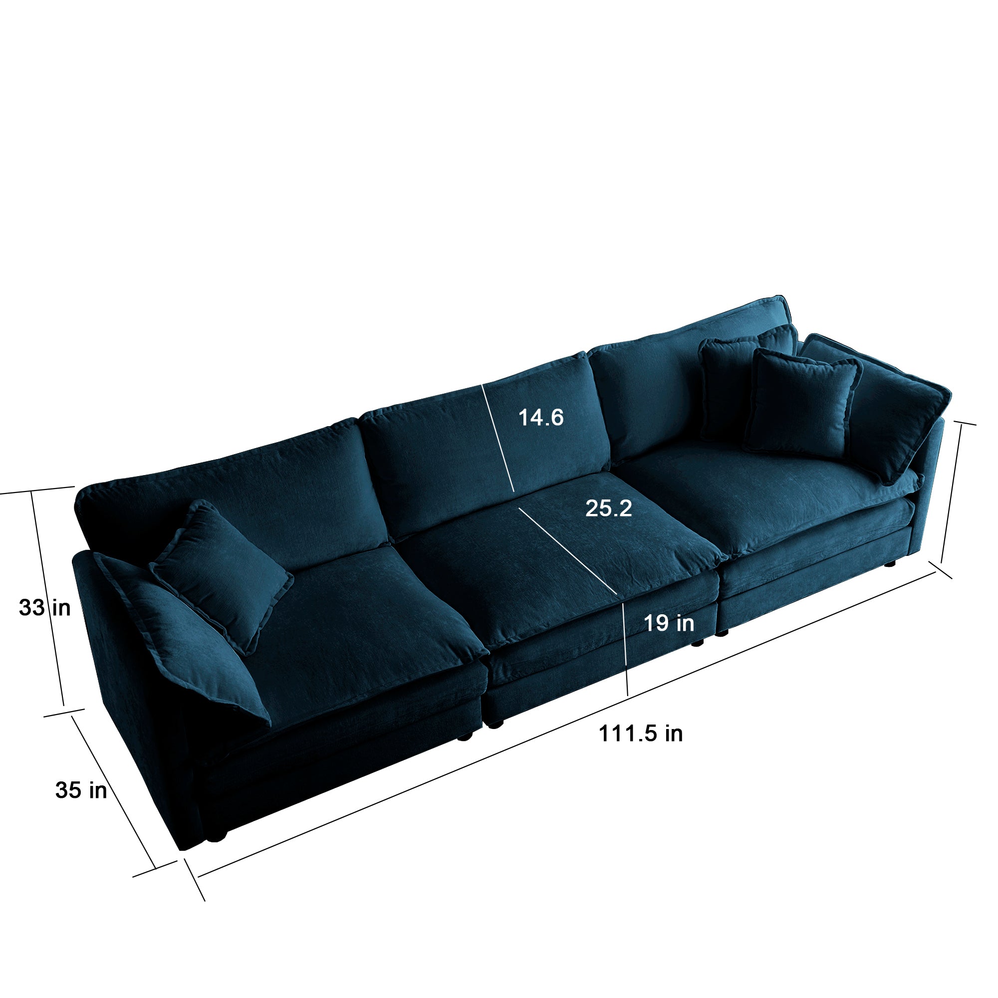 Canapé 3 places moderne du milieu du siècle avec 2 coussins d'accoudoir et 3 coussins décoratifs, canapé pour salon en chenille bleue