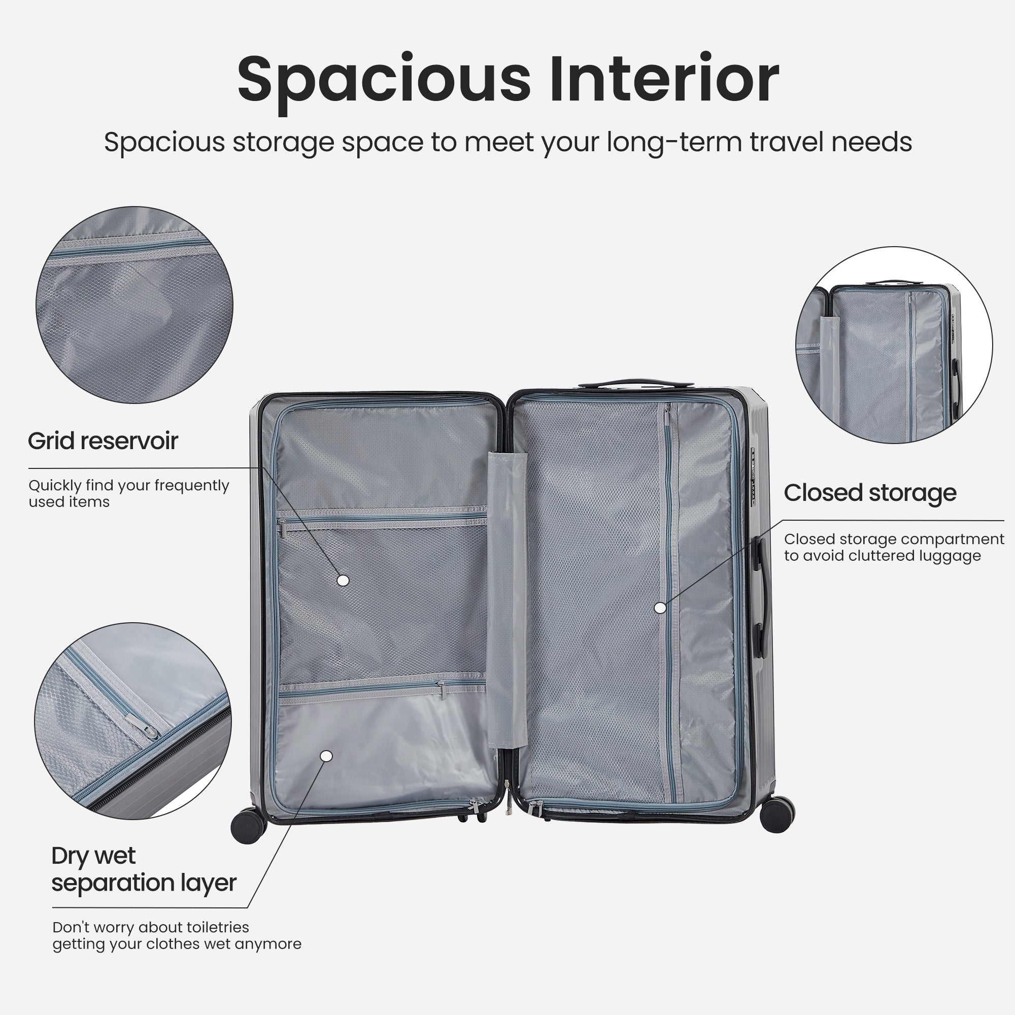 Ensemble de 4 valises (50, 61, 73, 74 cm, sac de voyage), valises légères et résistantes en PC et ABS avec porte-gobelet pliable, serrure TSA, gris