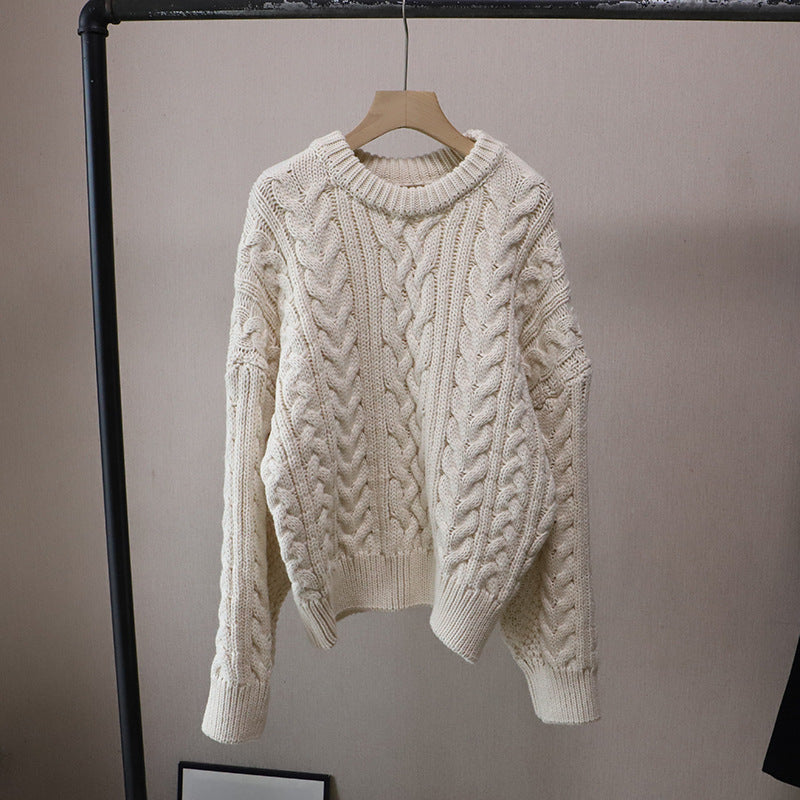 Round Neck Cable Knit Loose Lazy Versatile Thick Knitted Sweater for Women