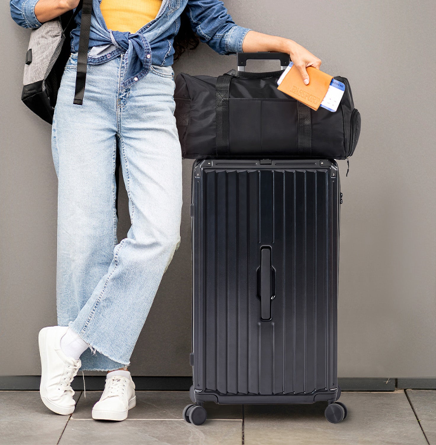 Ensemble de 4 valises (20"/24"/29"/sac de voyage), valises légères et résistantes en PC et ABS avec porte-gobelet pliable, serrure TSA, noir