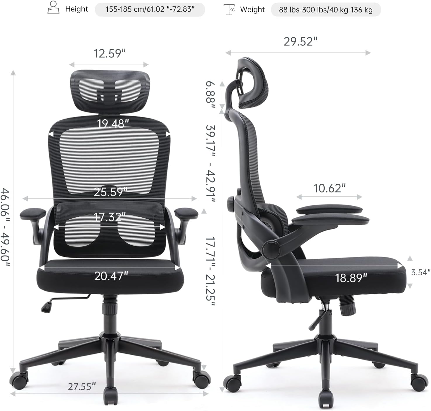 Chaise de bureau à dossier haut en maille avec accoudoirs 3D, chaise de travail d'ordinateur rotative avec appui-tête réglable 2D, fonction d'inclinaison noire