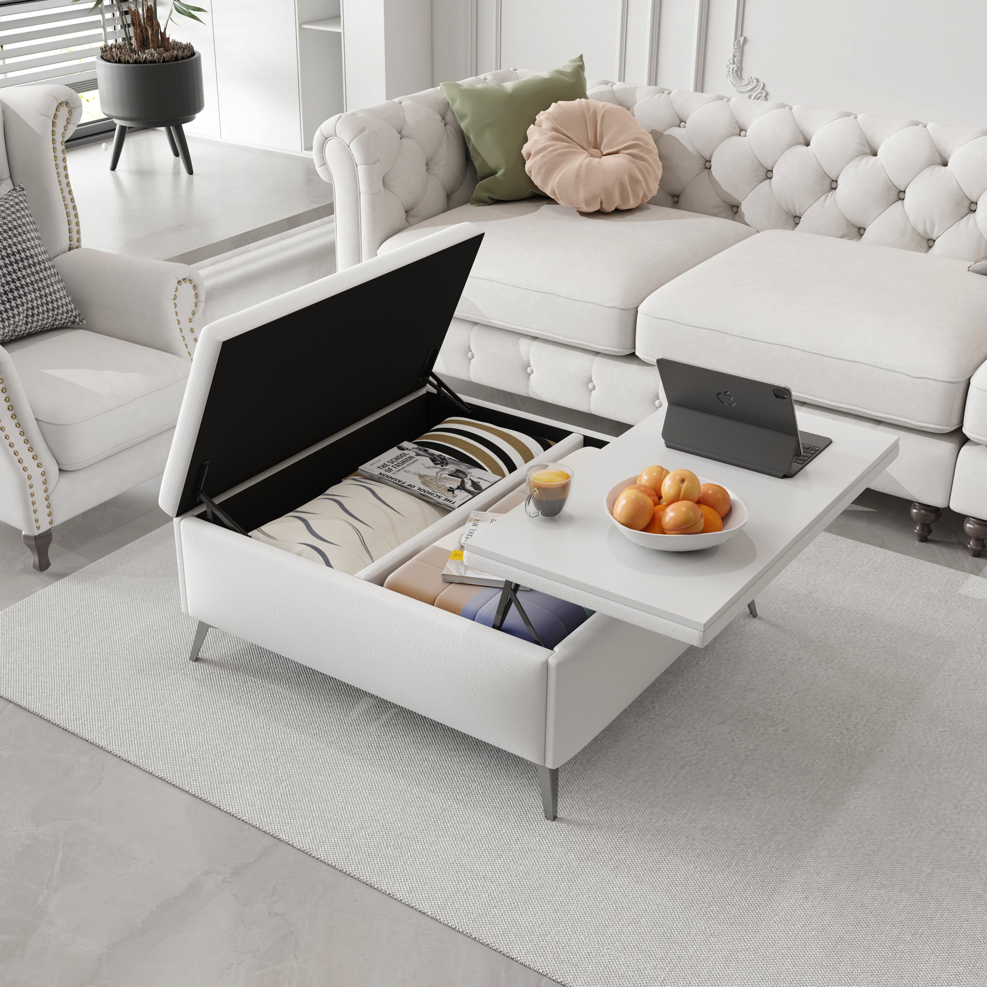 Banc de rangement carré de 35 pouces de large, table basse avec plateau relevable, ottoman de rangement surdimensionné rembourré pour le salon