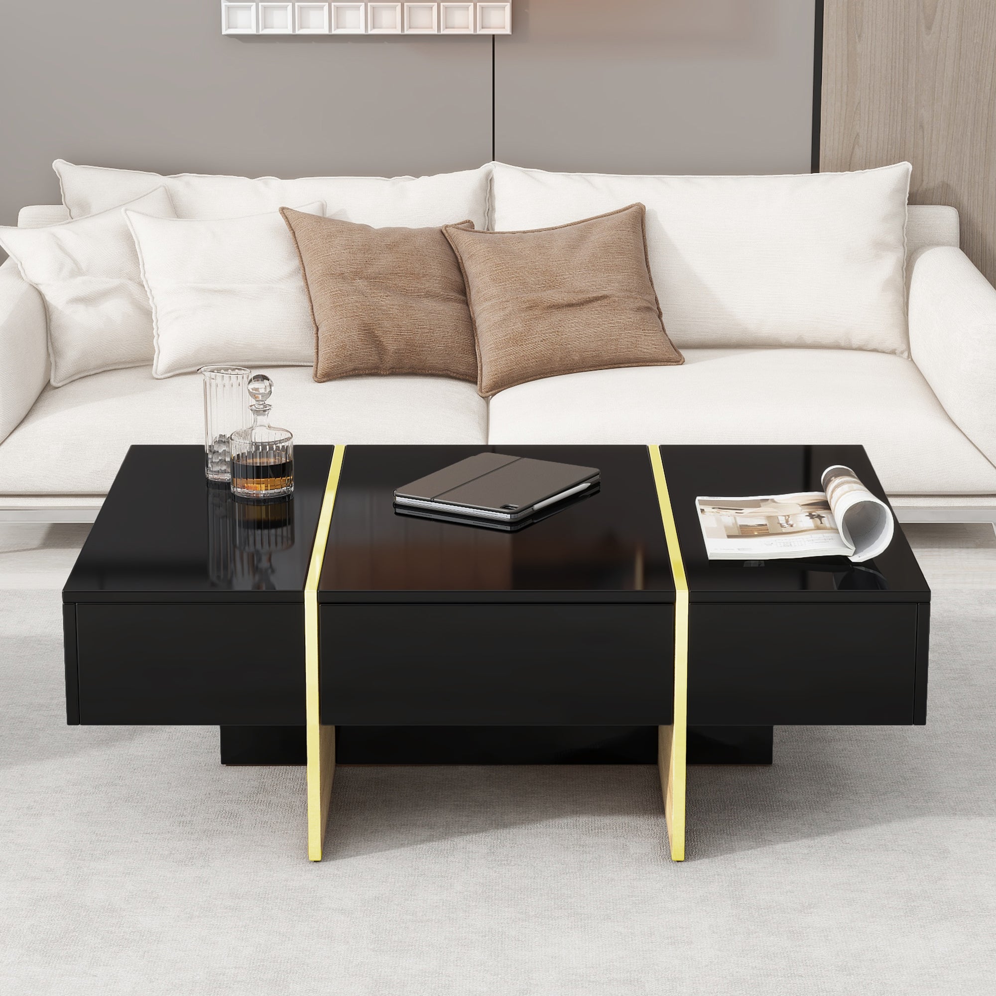 Table de canapé rectangulaire multifonctionnelle ON-TRANS 47,2 pouces x 31,4 pouces avec 2 tiroirs et table centrale à pieds en grain de bois doré, noir