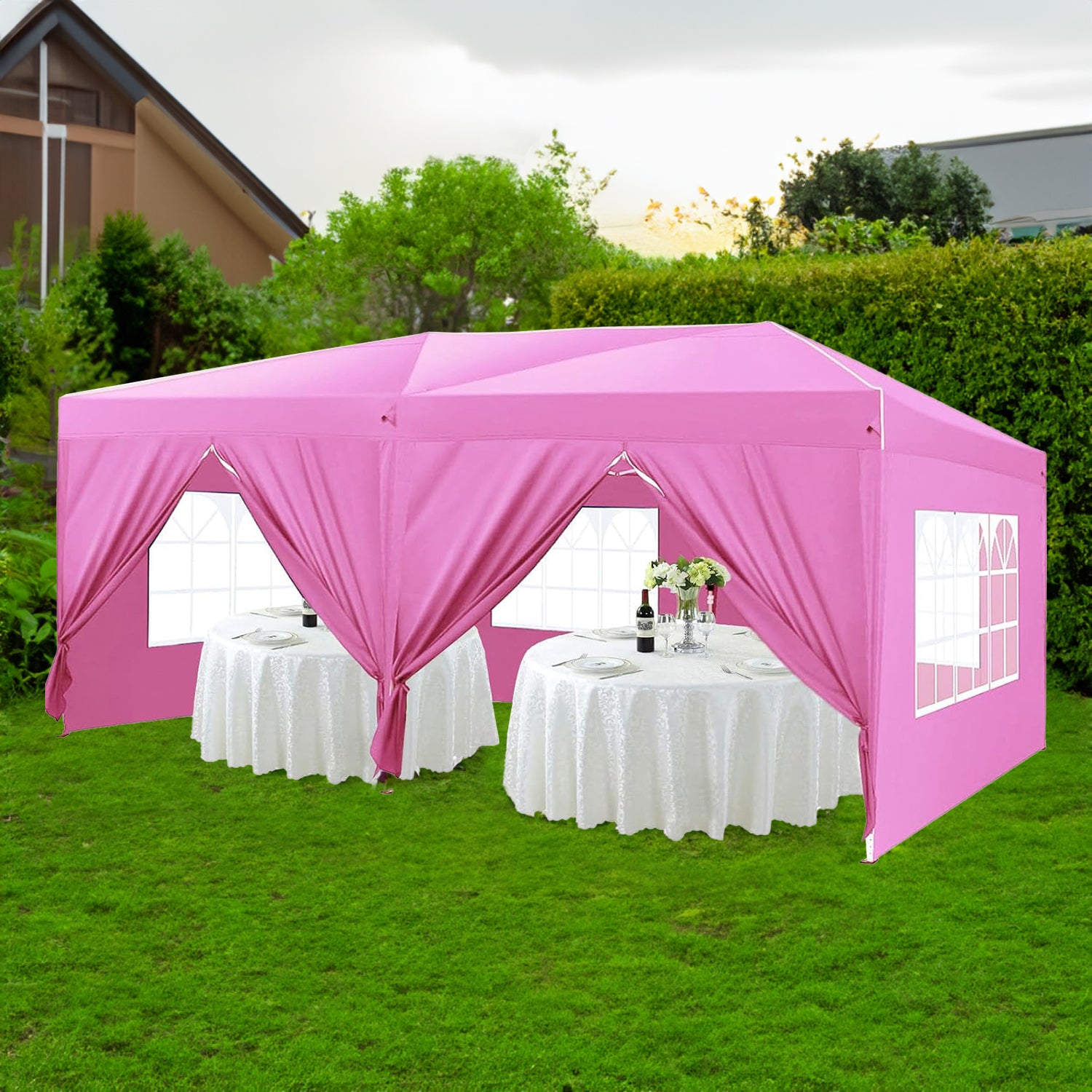 Auvent pliable de 10'x20' avec 6 abris d'activités extérieurs à parois latérales amovibles, tente portative de terrasse UPF 50+ (rose)