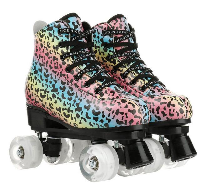 Outdoor Quad Roller Skate Sneaker Skating Blade Leopard Pattern Breathable Abec-7 4 Wheels Shoes