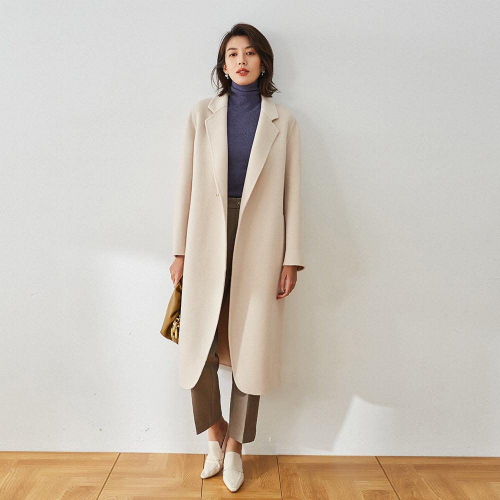 Manteau en laine réversible long avec ceinture simple et revers droit pour l'automne et l'hiver