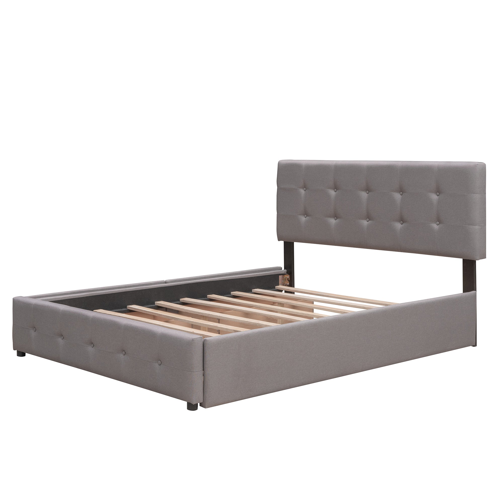 Lit plateforme rembourré avec 2 tiroirs et 1 lit gigogne simple XL en tissu lin, taille Queen - Gris clair
