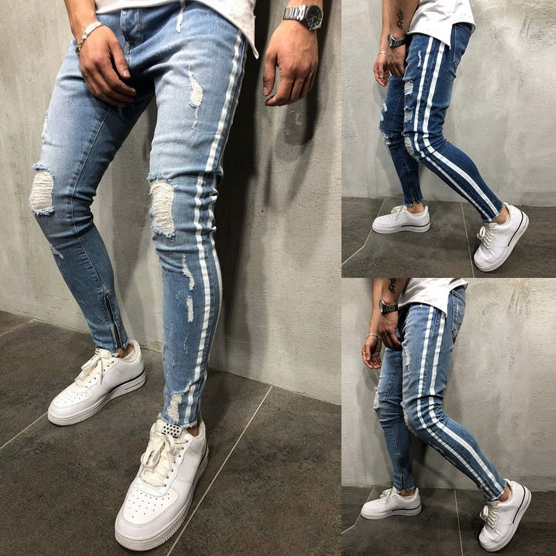 Jean déchiré à rayures latérales, mode streetwear, pantalon skinny extensible pour homme, slim, décontracté, en denim