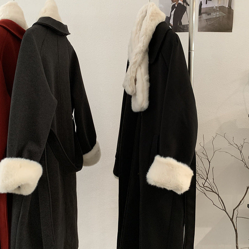 Vintage Wool Coat Mid-Length Padded Thick Woolen Coat with Scarf