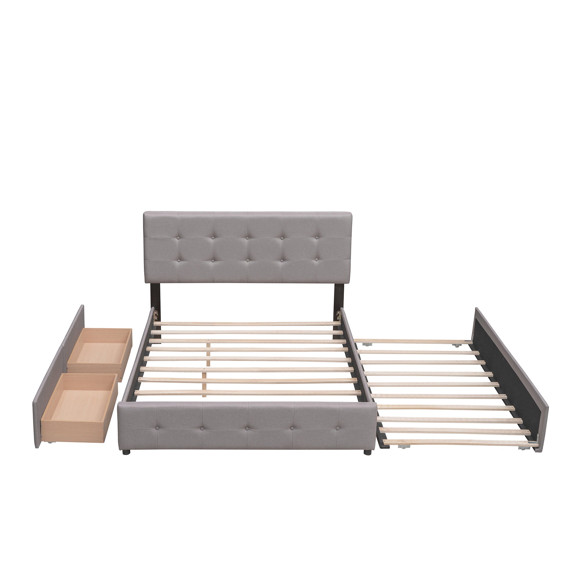 Lit plateforme rembourré avec 2 tiroirs et 1 lit gigogne simple XL en tissu lin, taille Queen - Gris clair
