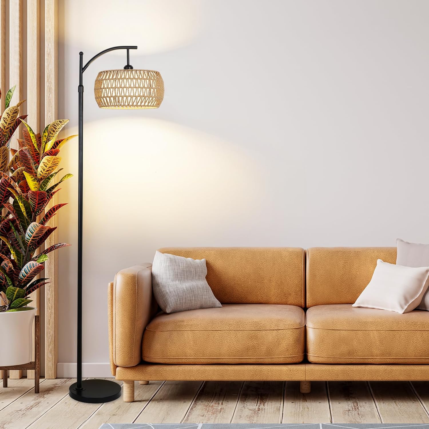 Lampadaire arc avec télécommande, lampadaire LED à intensité variable avec 3 températures de couleur, lampe à poteau haut style ferme bohème