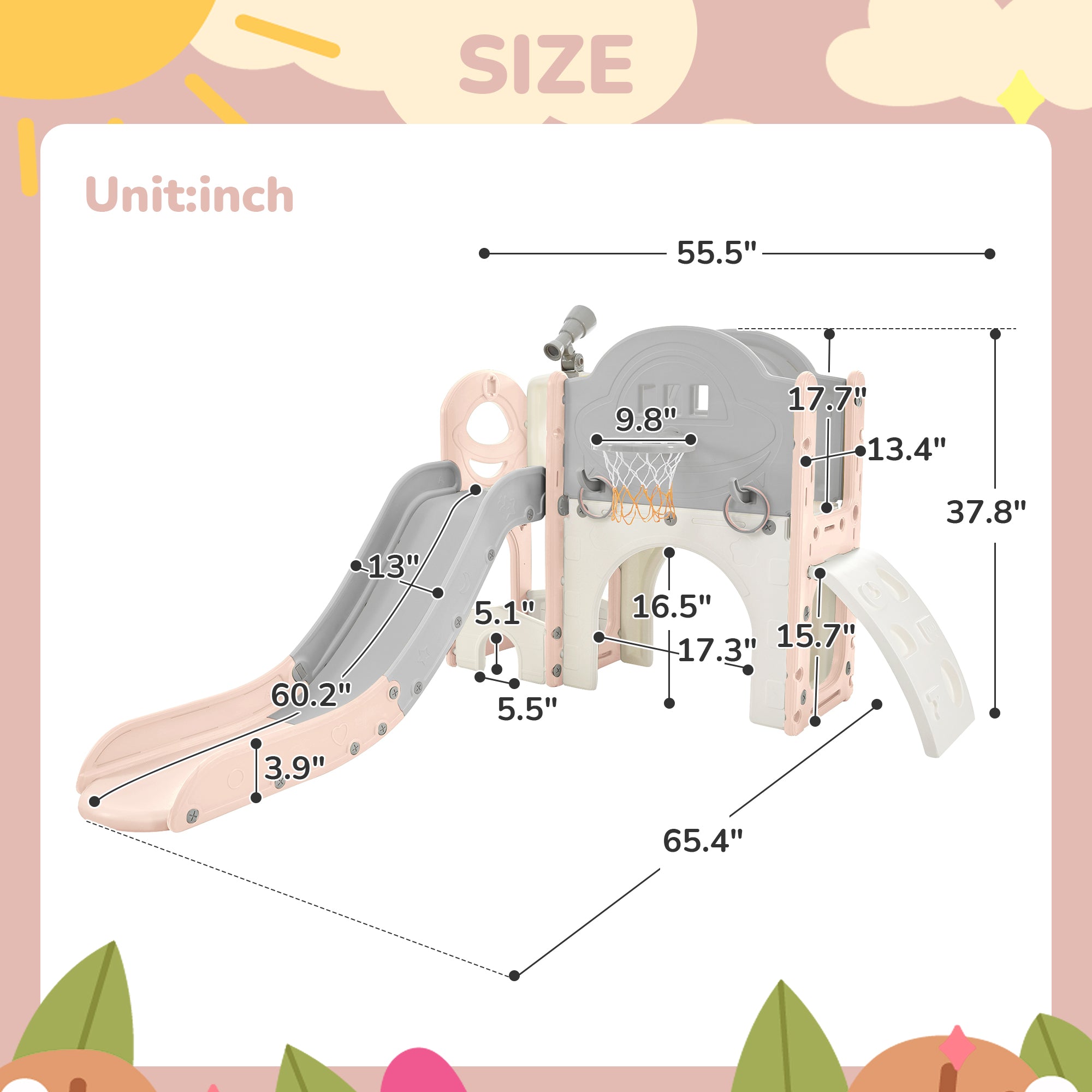Structure de jeu pour enfants 7 en 1, vaisseau spatial autonome avec toboggan, tunnel en arche rose et gris + PEHD