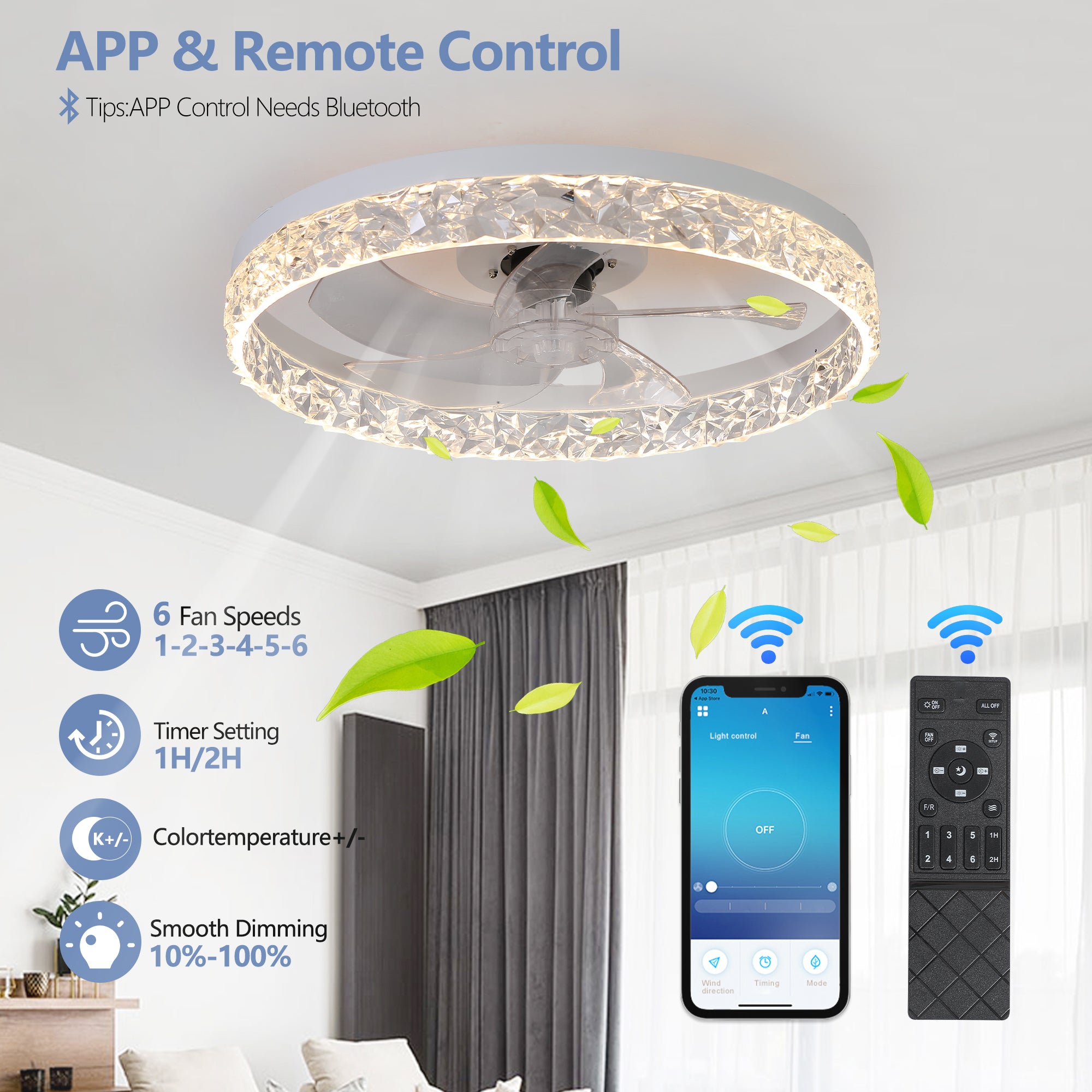 Ventilateur de plafond moderne en acrylique avec télécommande, suspension LED à intensité variable, réglable à 6 vitesses, moteur silencieux