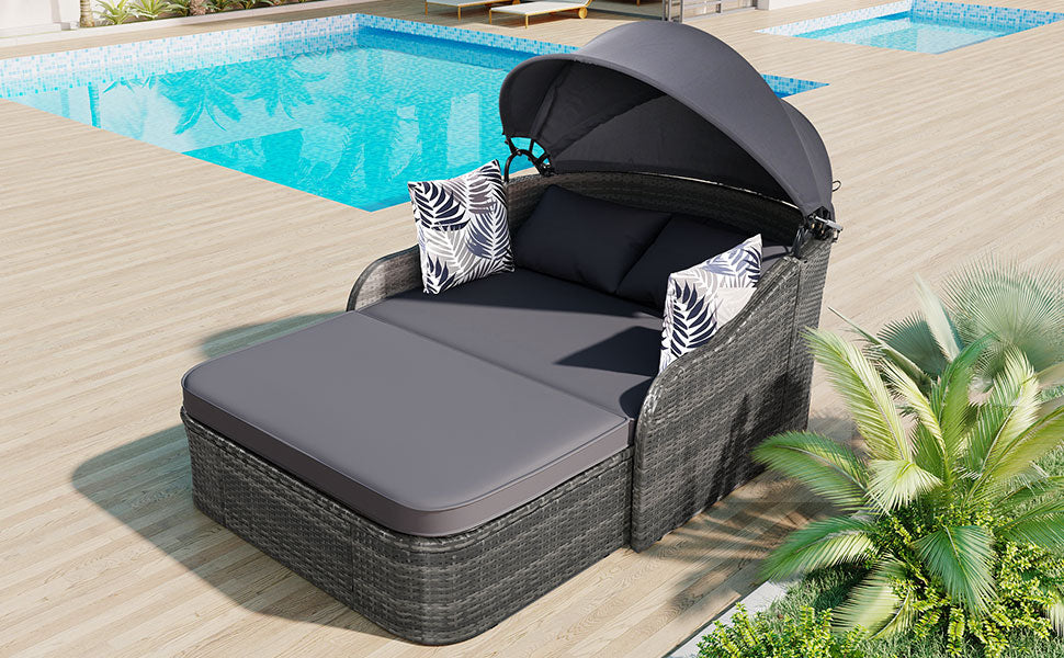 Chaise longue d'extérieur GO 79,9" avec auvent réglable, double salon, lit de repos en rotin synthétique, osier gris et coussin
