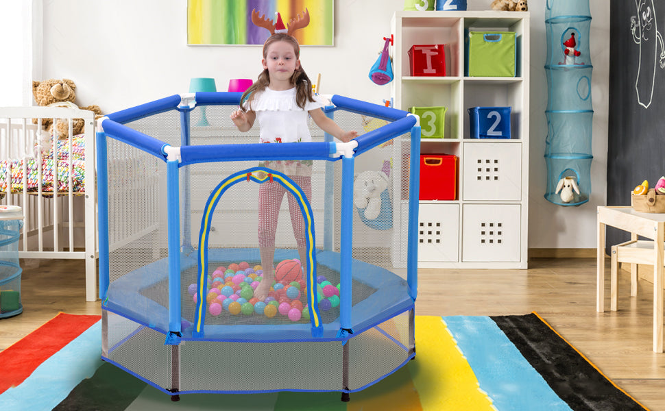 Trampoline pour tout-petits de 55 pouces avec filet de sécurité et balles, mini trampoline intérieur/extérieur pour enfants
