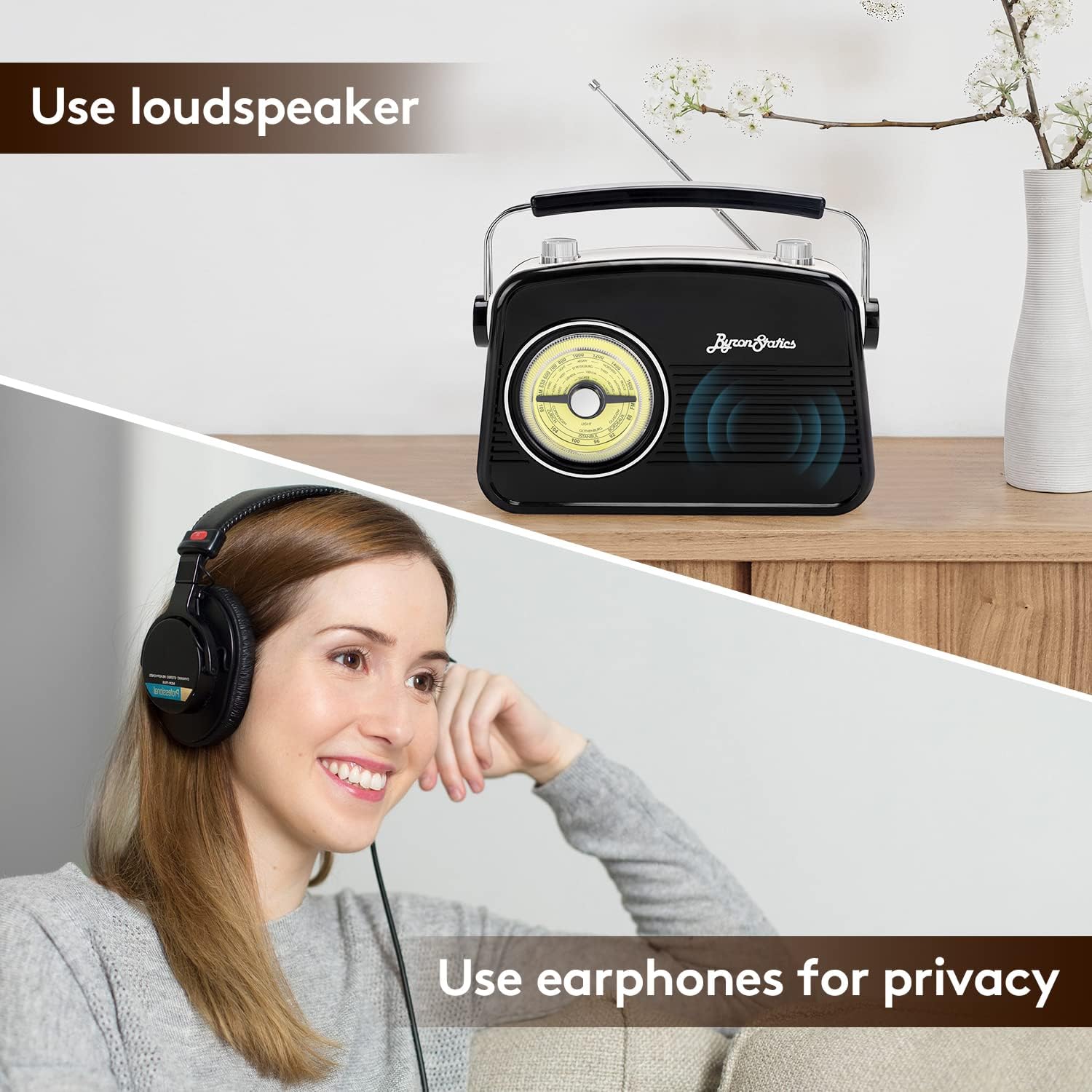 Radio AM FM noire - Petite radio portable vintage/rétro avec prise casque et grand cadran rotatif analogique