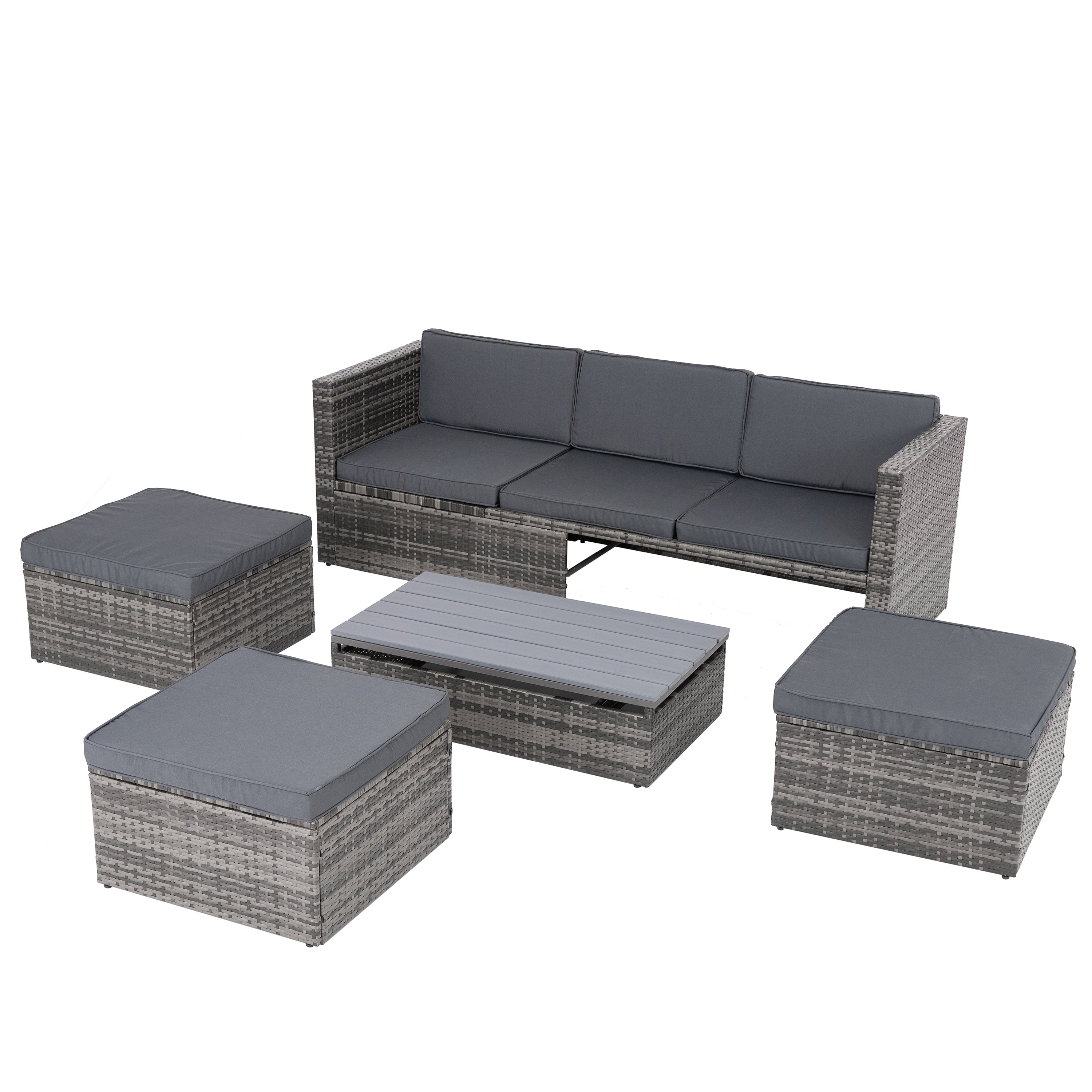 Mobilier de jardin, mobilier d'extérieur, mobilier saisonnier en osier PE, ensemble de 5 meubles en osier avec table basse en contreplaqué