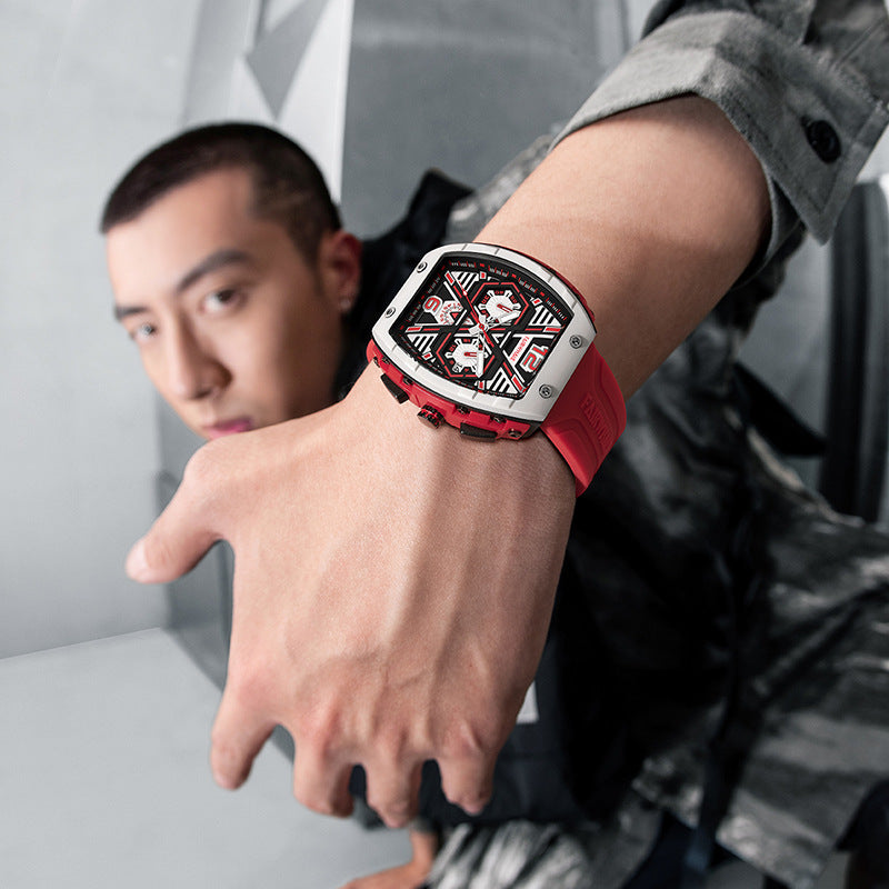 Montre-bracelet à quartz multifonctionnelle pour homme, cool, à trois yeux, vibrante, explosive et décontractée