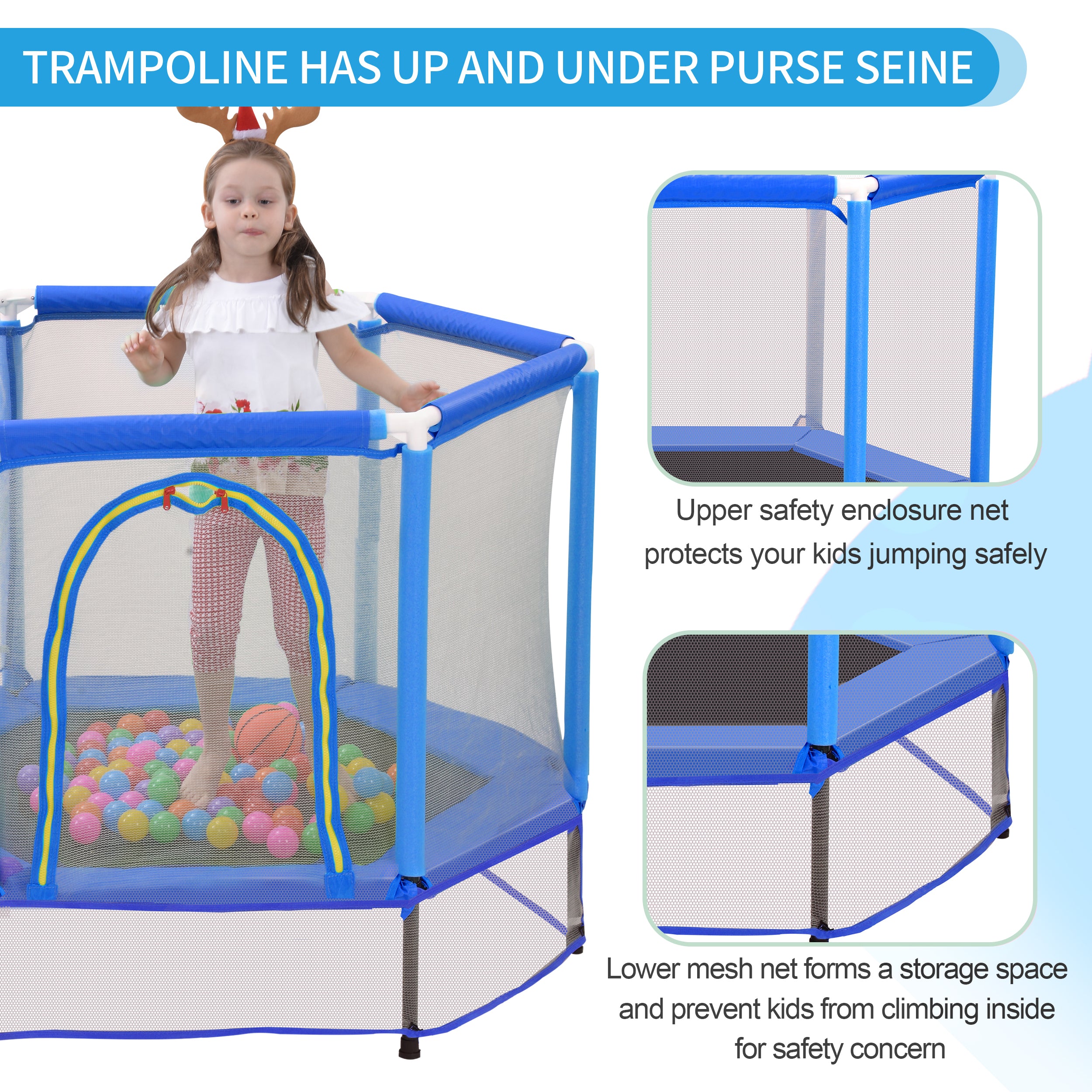 Trampoline pour tout-petits de 55 pouces avec filet de sécurité et balles, mini trampoline intérieur/extérieur pour enfants