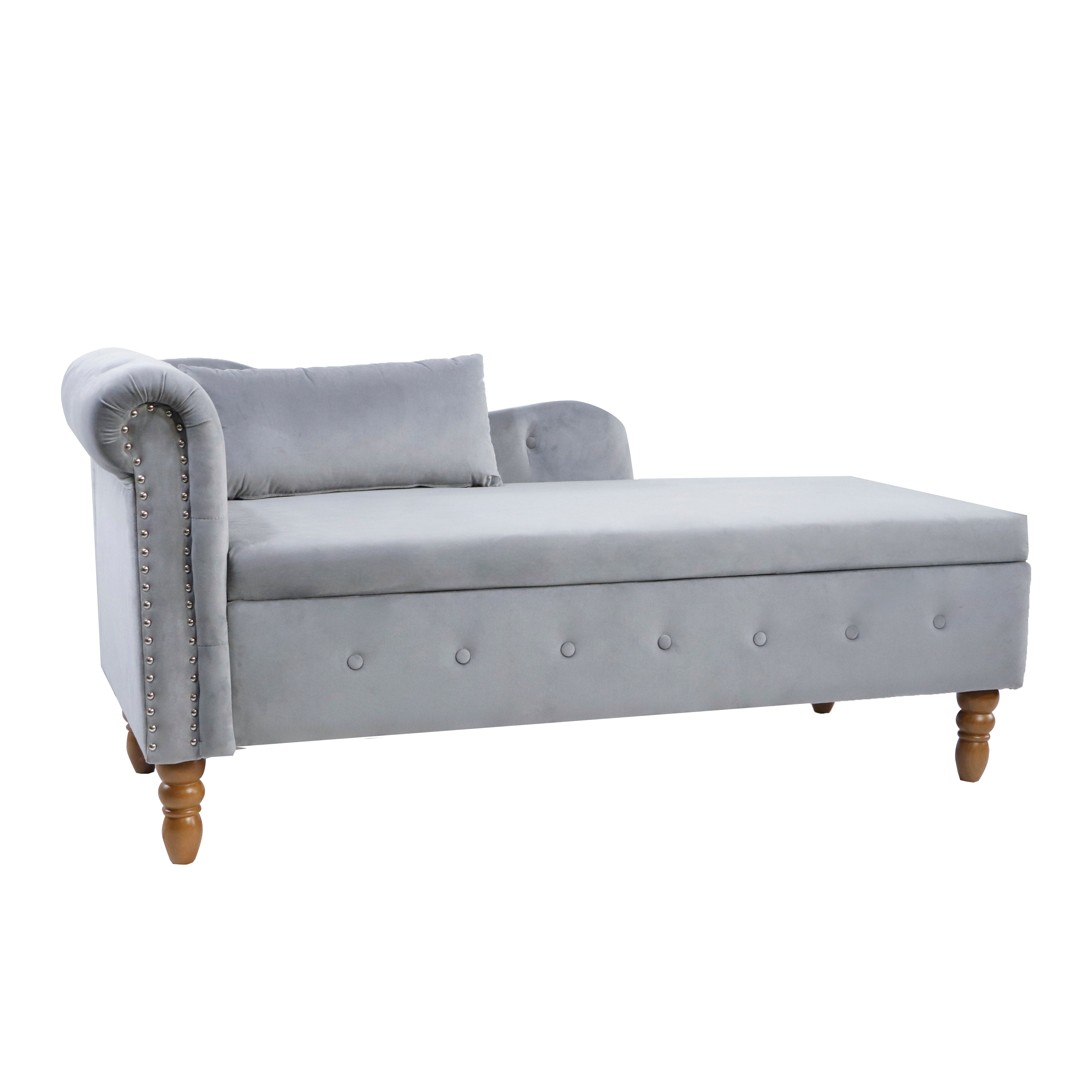 Chaise longue d'intérieur grise en velours pour chambre à coucher avec rangement et oreiller, accoudoirs roulés rembourrés modernes Chase Lounge