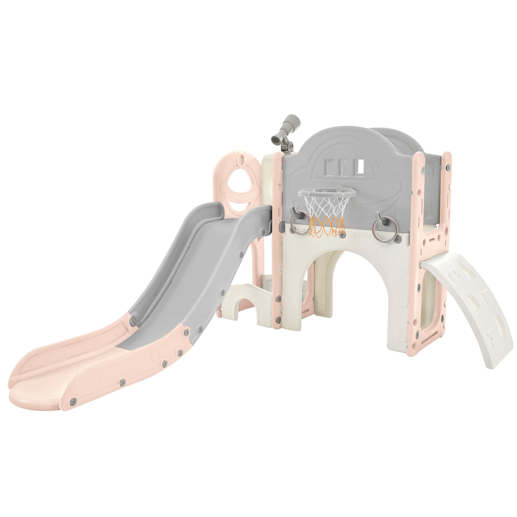 Structure de jeu pour enfants 7 en 1, vaisseau spatial autonome avec toboggan, tunnel en arche rose et gris + PEHD