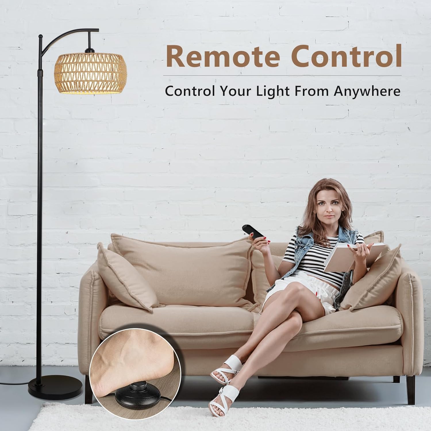 Lampadaire arc avec télécommande, lampadaire LED à intensité variable avec 3 températures de couleur, lampe à poteau haut style ferme bohème