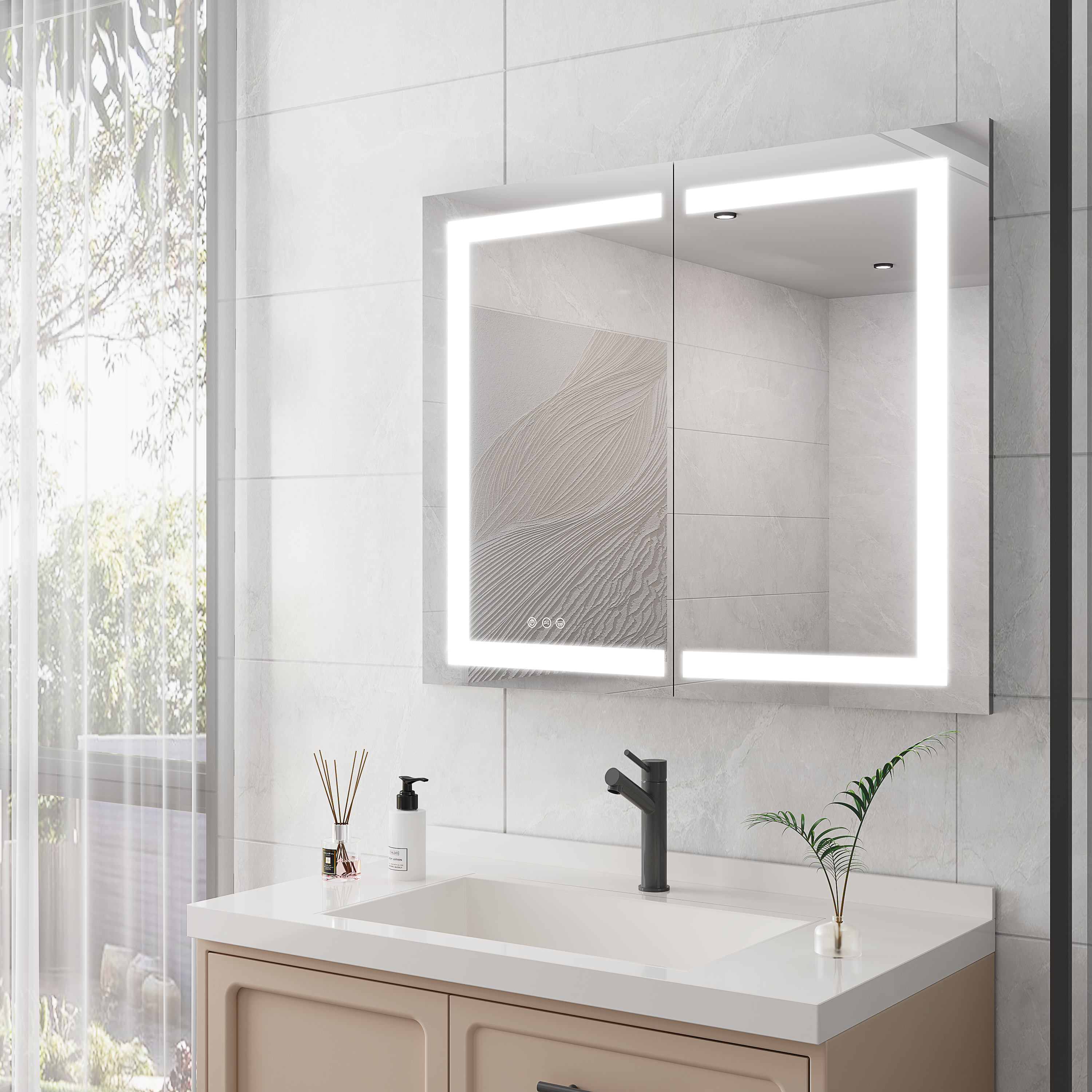 Armoire à pharmacie 36 x 30 pouces avec miroir de courtoisie à LED, antibuée, encastrée ou en saillie, étanche, à intensité variable, en aluminium, avec éclairage 3000 K ~ 6000 K, double porte et interrupteur tactile.
