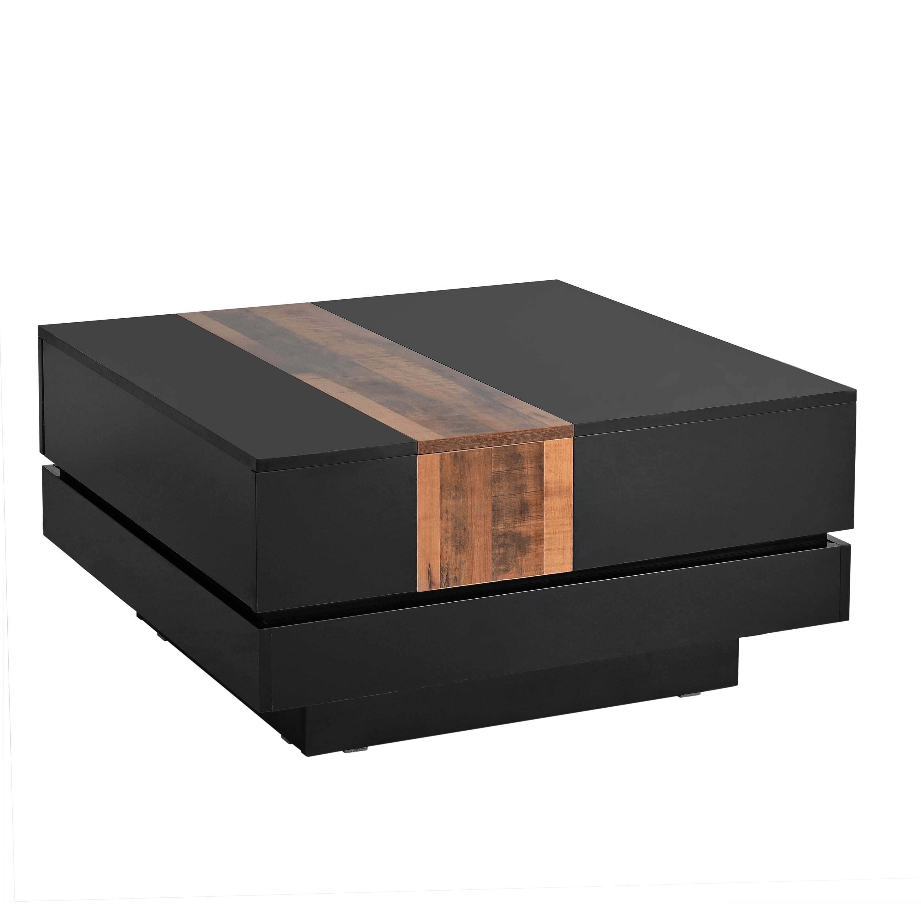 ON-TRANS 31,4 pouces x 31,4 pouces avec plateau coulissant, table centrale haute brillance, espace de rangement caché noir