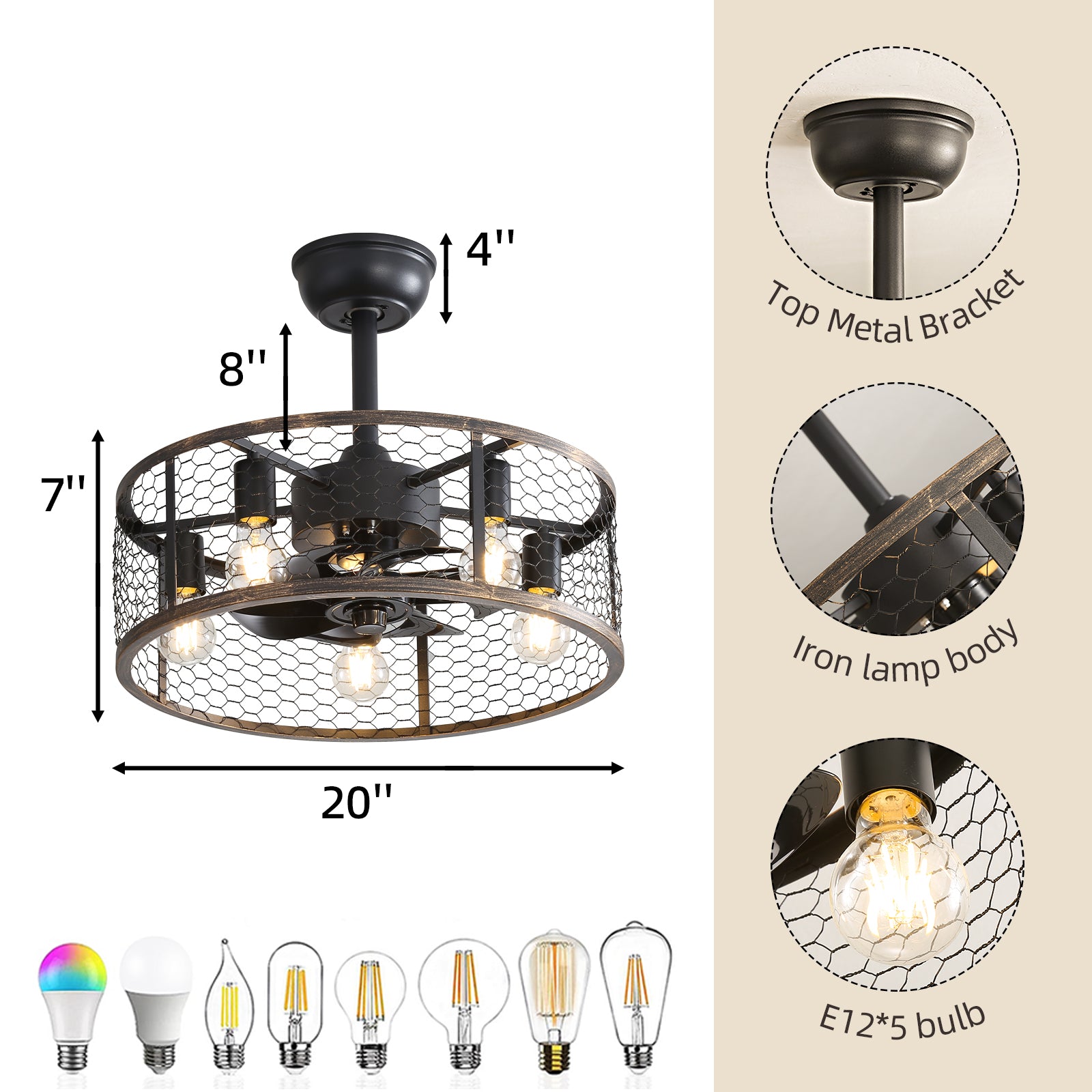 Ventilateur de plafond classique de 19,7 pouces avec lumière