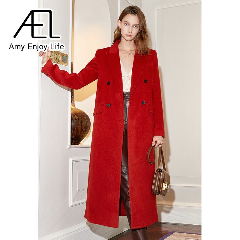 Manteau long en laine rouge à double boutonnage, style vintage, ample
