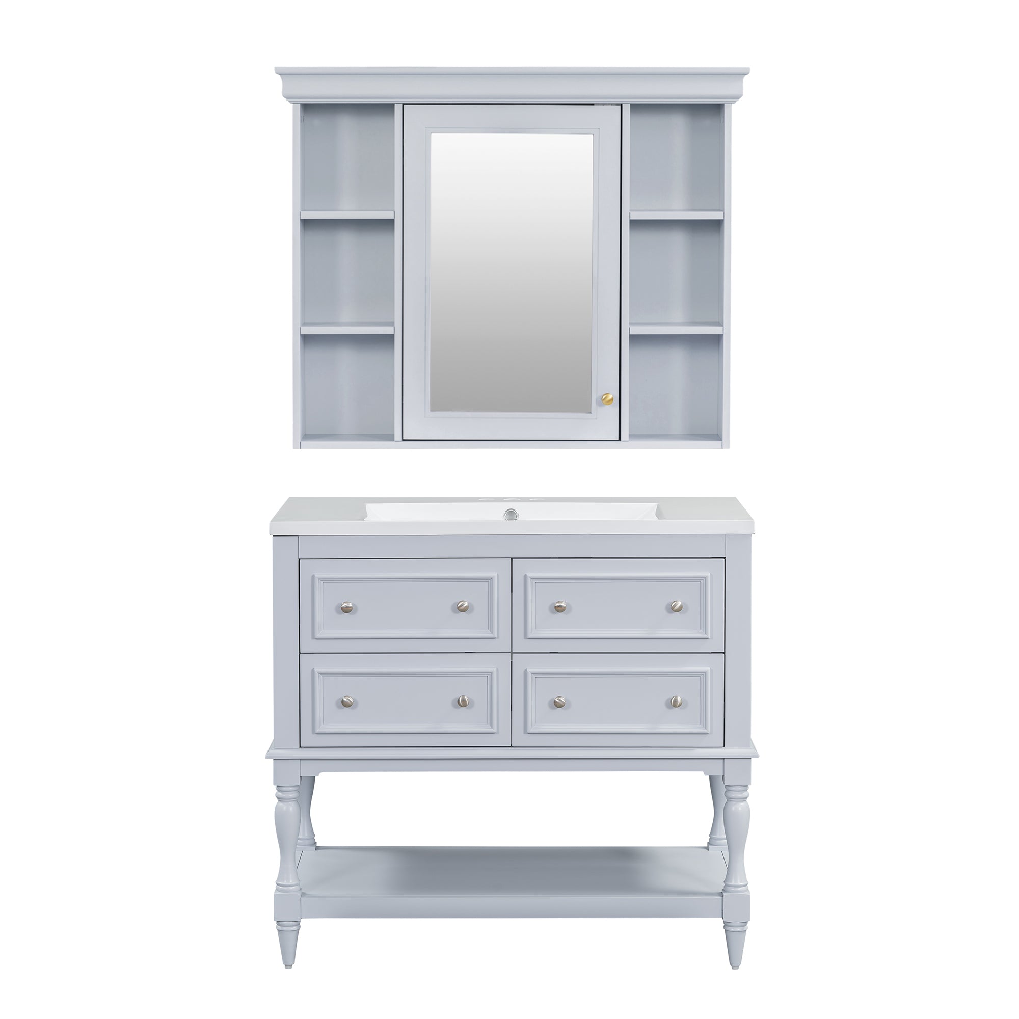 Meuble-lavabo de salle de bain 36'' avec armoire à pharmacie, armoire à miroir moderne avec étagère réglable, meuble de rangement de salle de bain avec 4 tiroirs