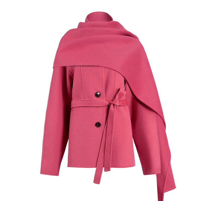 Manteau 100 % laine avec ceinture, veste printemps-automne pour femme, couleur unie avec écharpe, chaud, mode streetwear