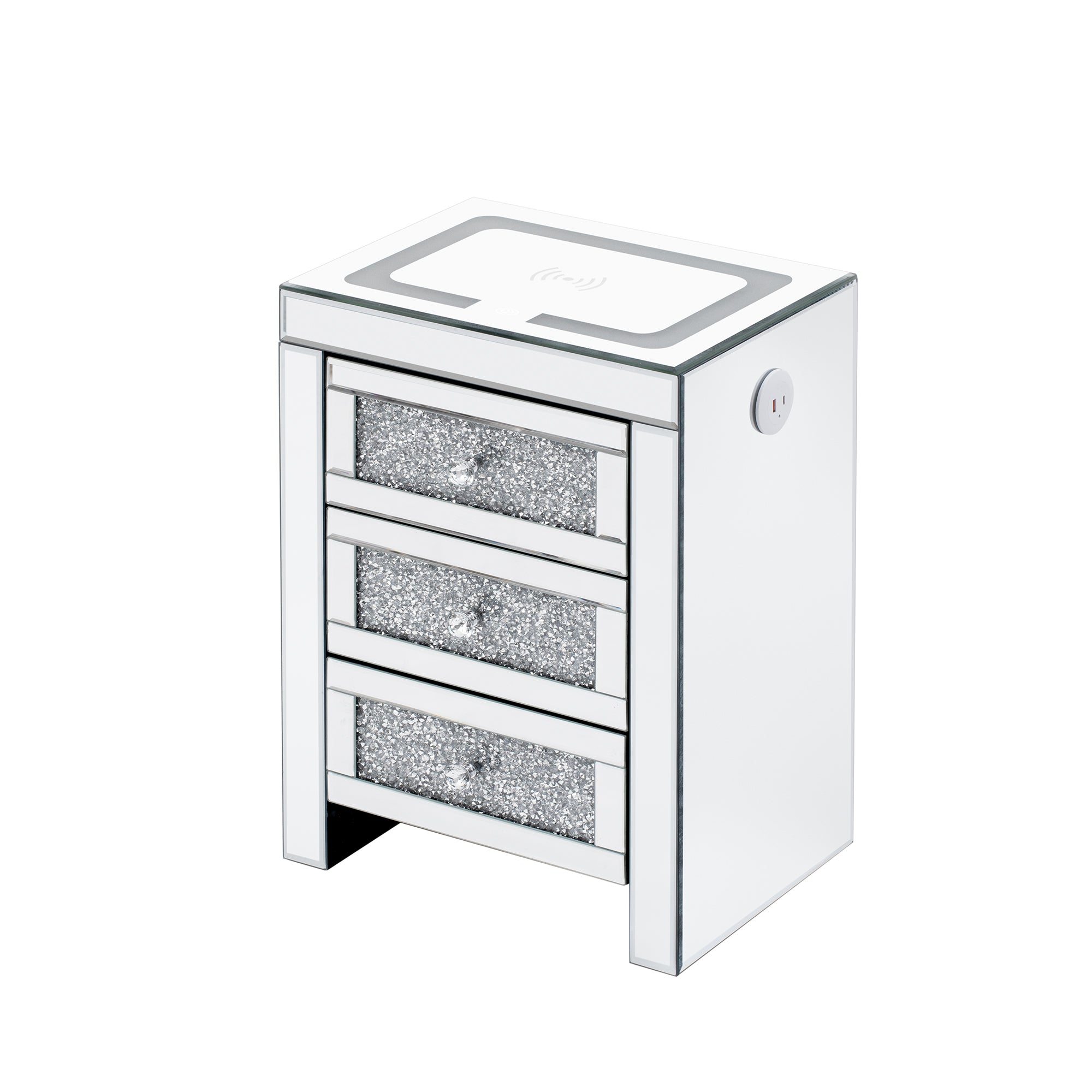 Table basse rectangulaire argentée miroir U-Can 15,7" W avec fonction de chargement sans fil et USB, lumières LED, poignée de style cristal