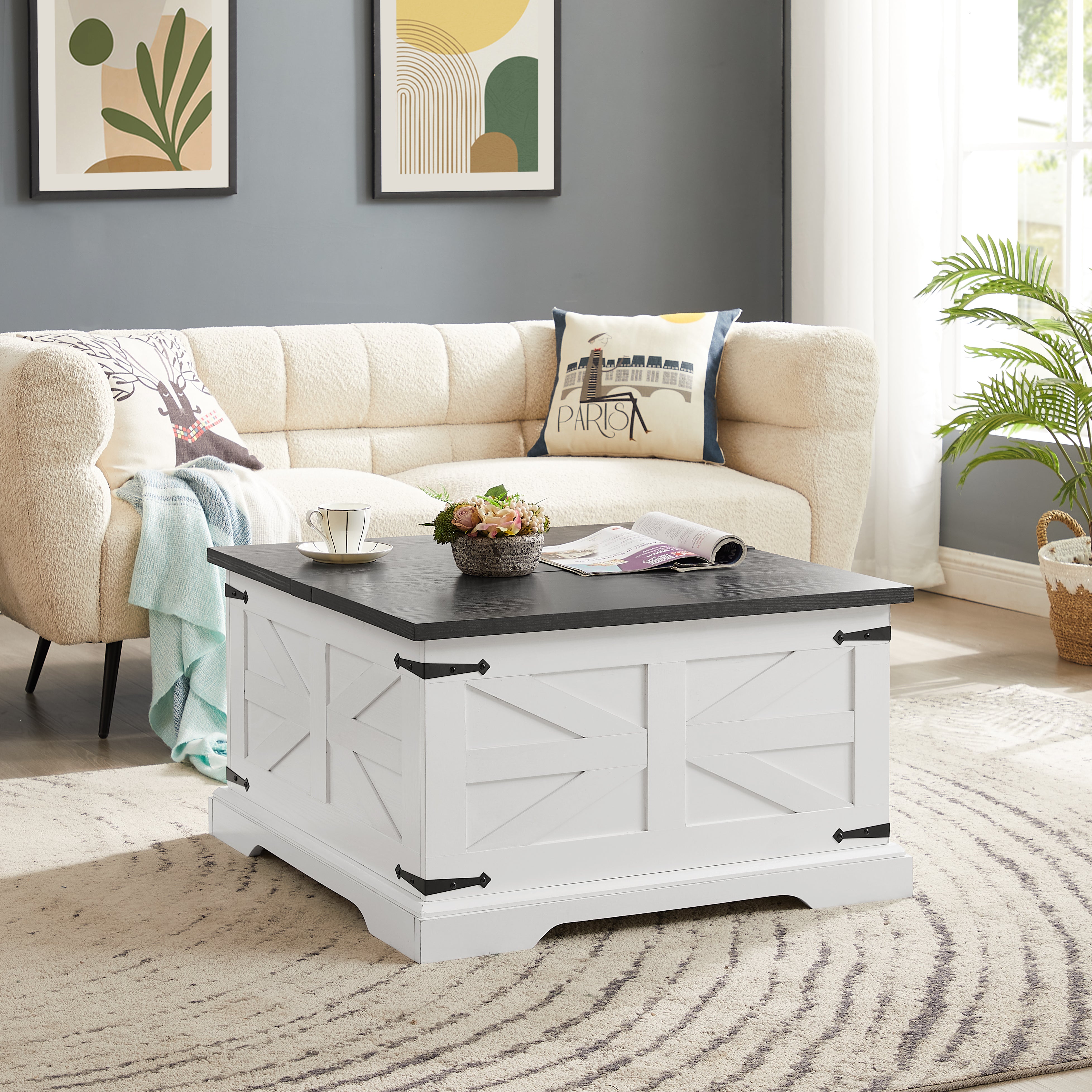 Table basse et table d'appoint de style ferme Table centrale de style grange Table de cocktail rustique avec plateau relevable à charnière et table d'appoint