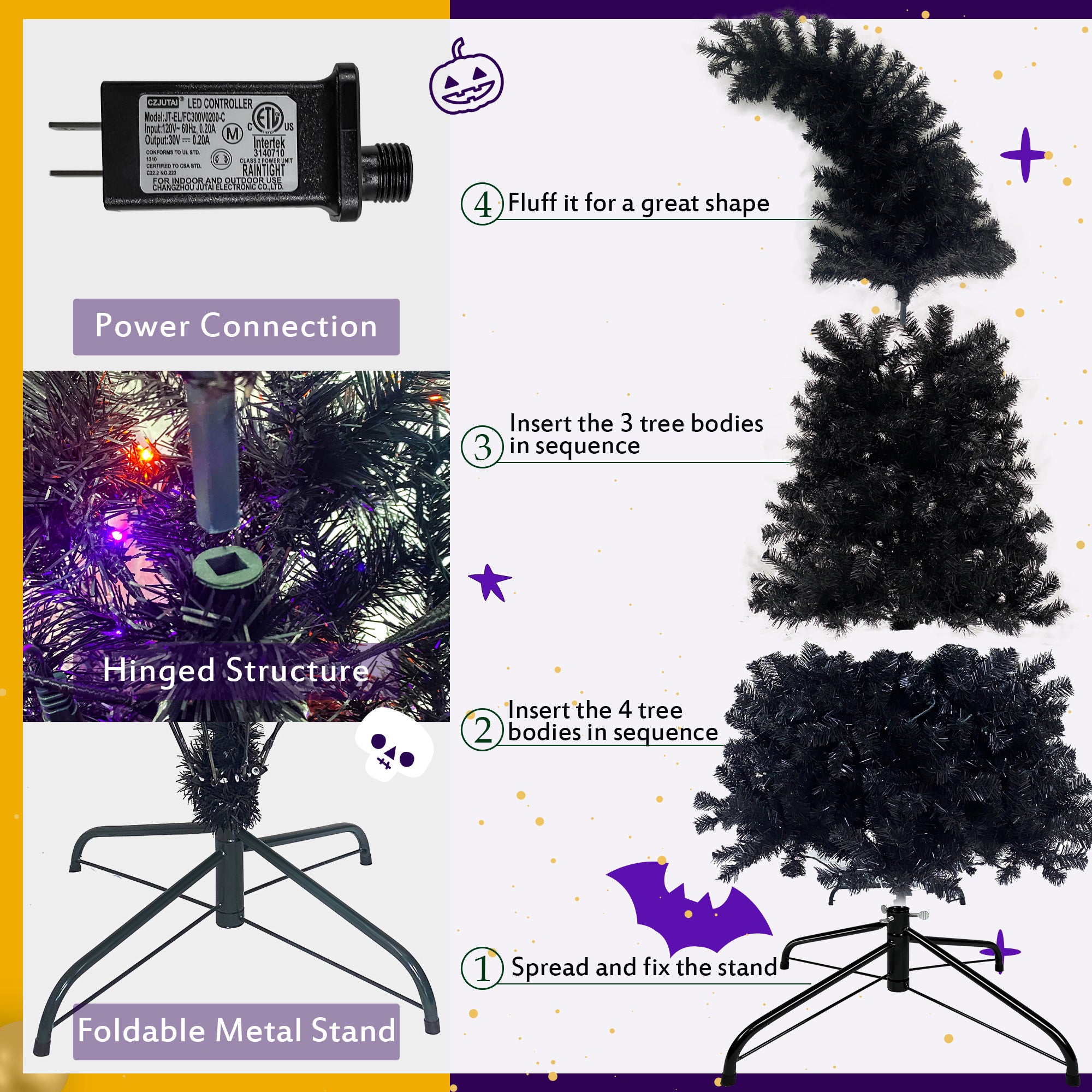 Sapin artificiel d'Halloween à sommet incurvé de 6 pieds, avec 1080 pointes de branches luxuriantes et 300 lumières LED dans un style de Noël et d'Halloween