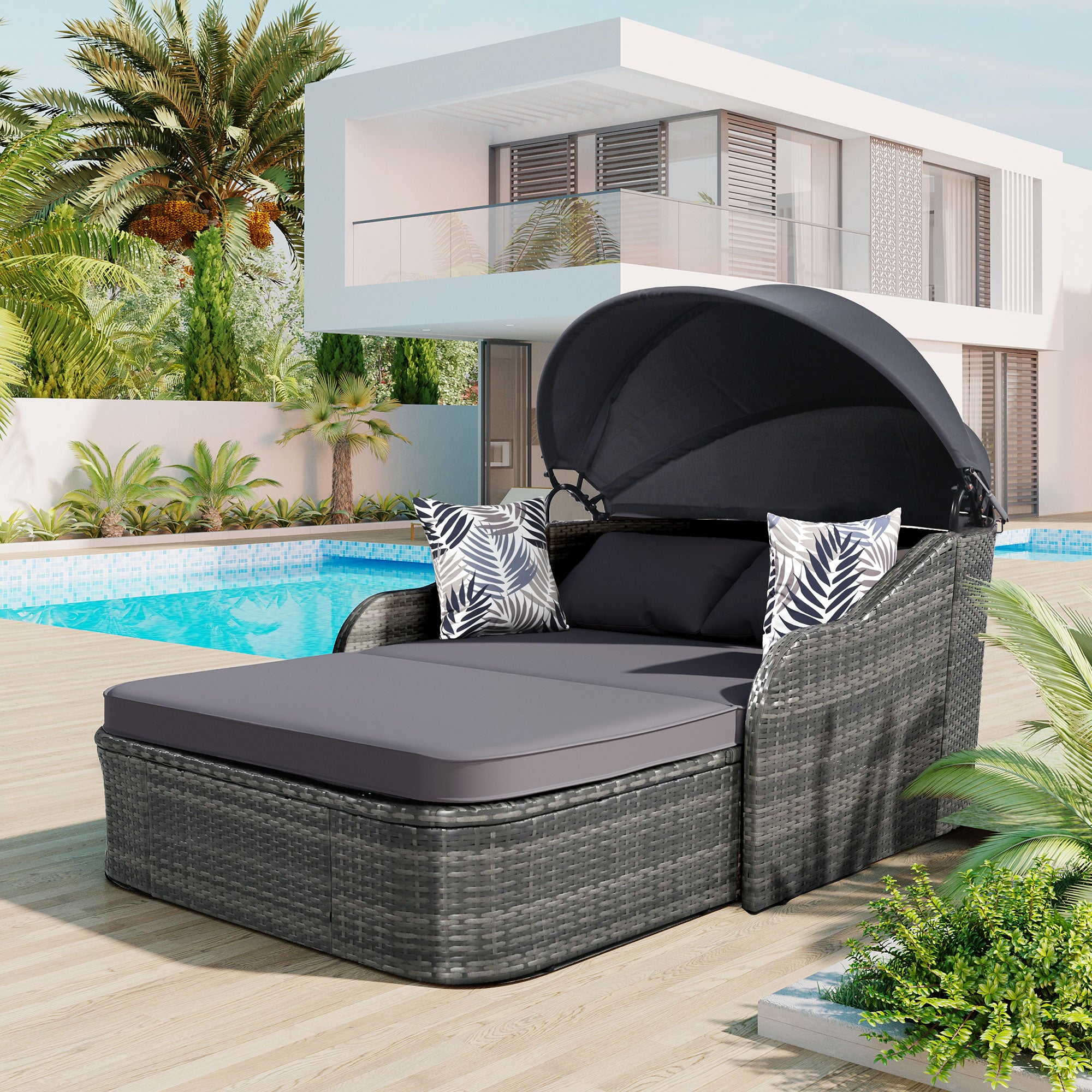 Chaise longue d'extérieur GO 79,9" avec auvent réglable, double salon, lit de repos en rotin synthétique, osier gris et coussin