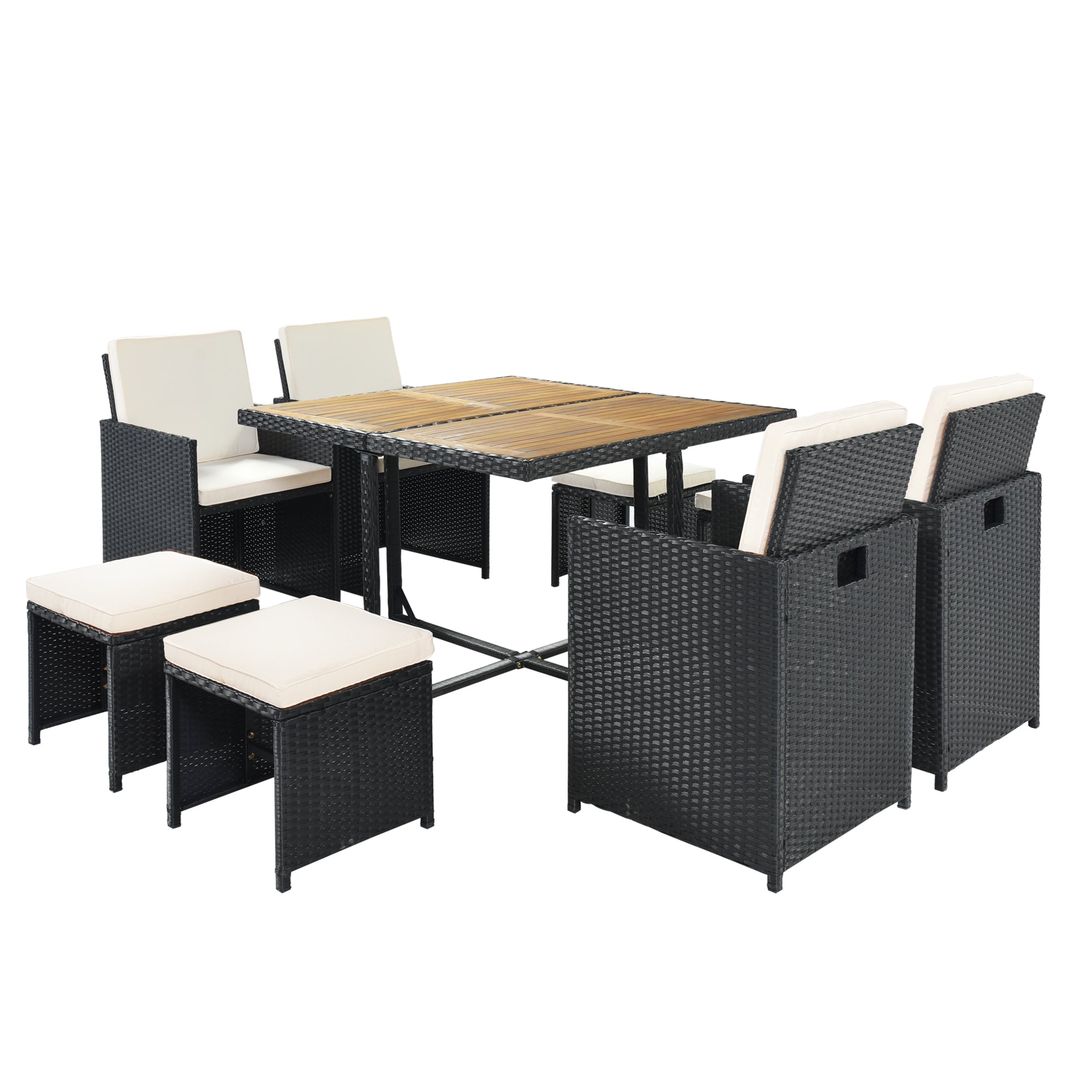 Ensemble de salle à manger TOPMAX Patio en osier PE toutes saisons avec plateau en bois pour 8 personnes, rotin noir et coussin beige (9 pièces)