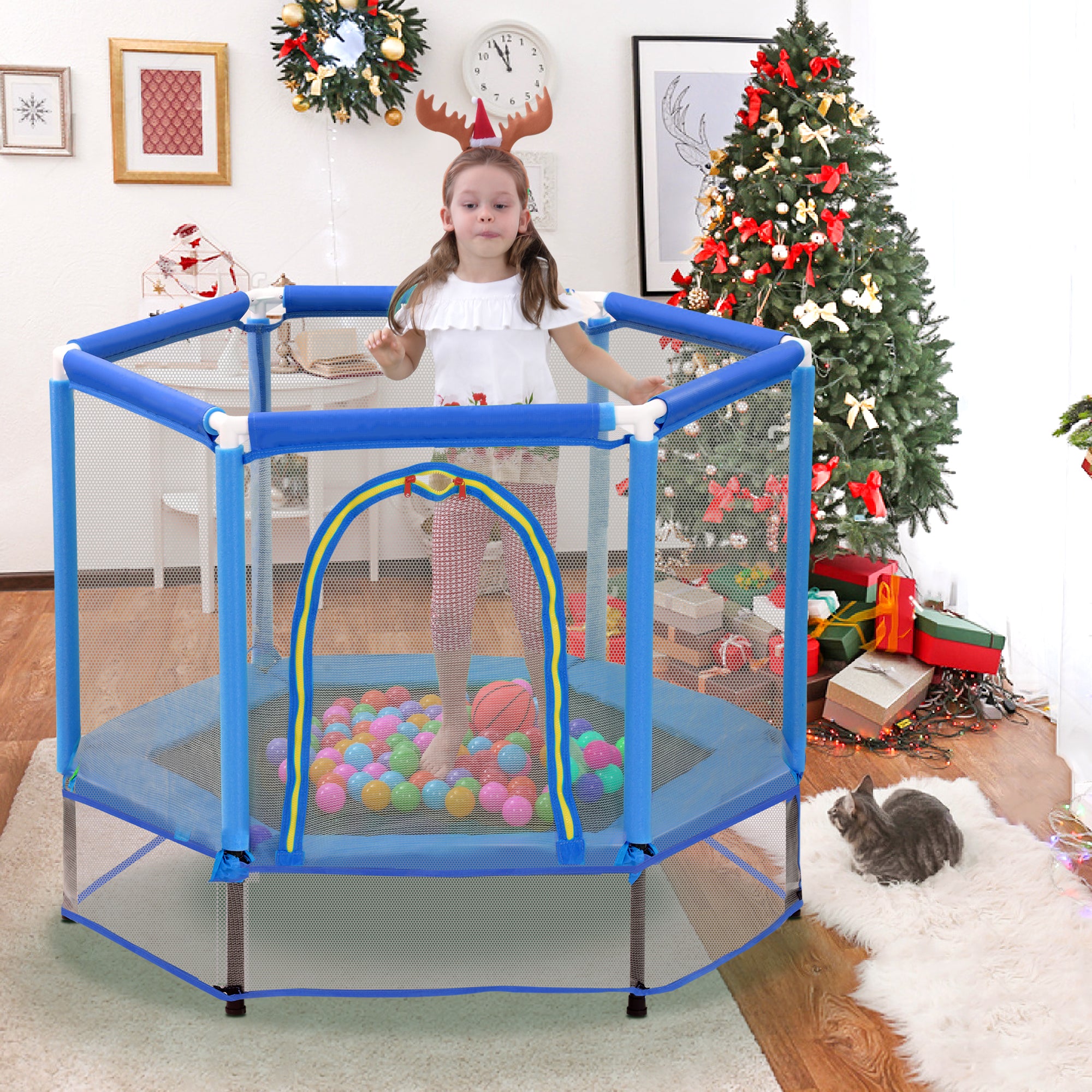 Trampoline pour tout-petits de 55 pouces avec filet de sécurité et balles, mini trampoline intérieur/extérieur pour enfants