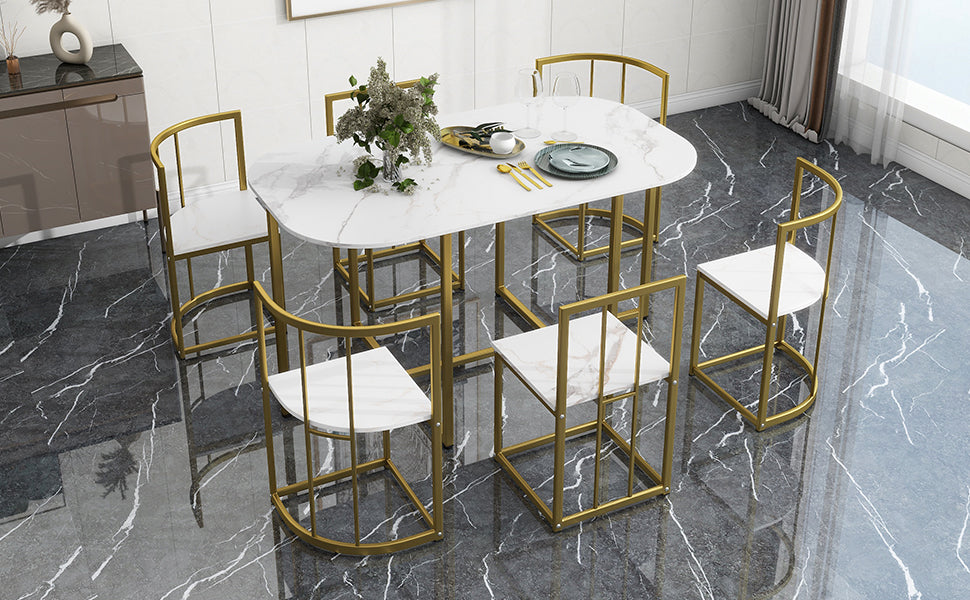 TOPMAX Modern 7-Piece Dining Table Set with Faux Marble Compact 55Inch Kitchen Table Set for 6 Golden+White