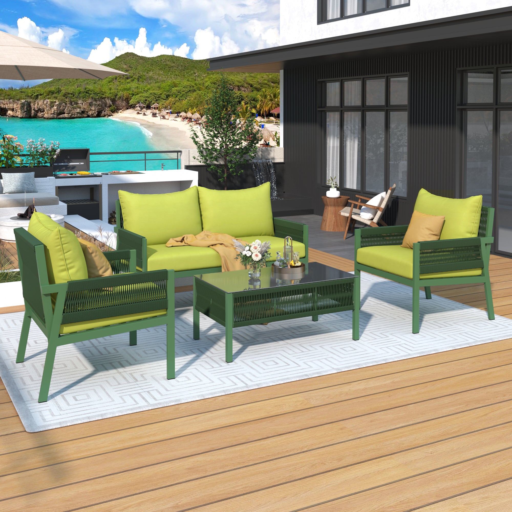 Outdoor Furniture with Tempered Glass Table, Set Deep Seating with Thick Cushion (Fluorescent Yellow & Green)