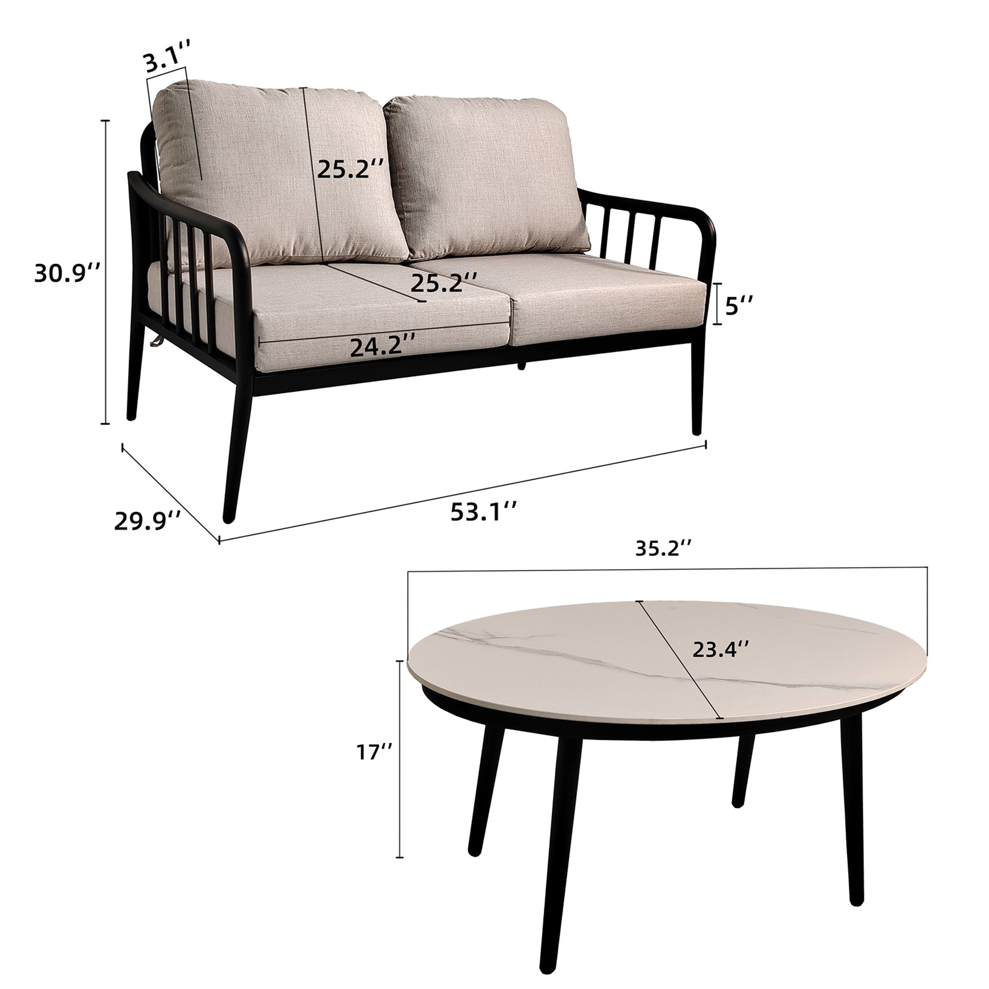 Ensemble de 2 canapés causeuse modernes en aluminium pour patio extérieur, pour conversation et discussion