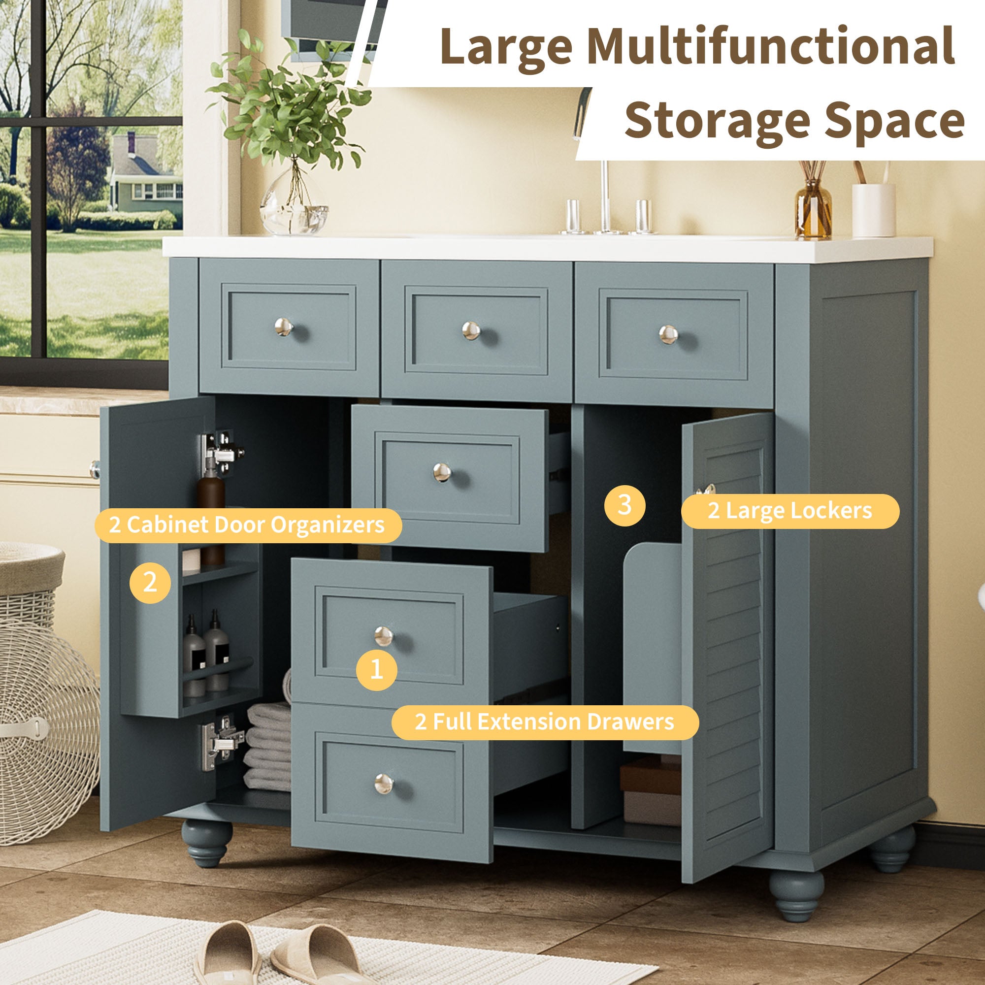 Armoire à miroir moderne de 36 pouces avec étagères réglables, 2 portes à fermeture douce et 6 organisateurs de portes d'armoire de rangement à tiroirs
