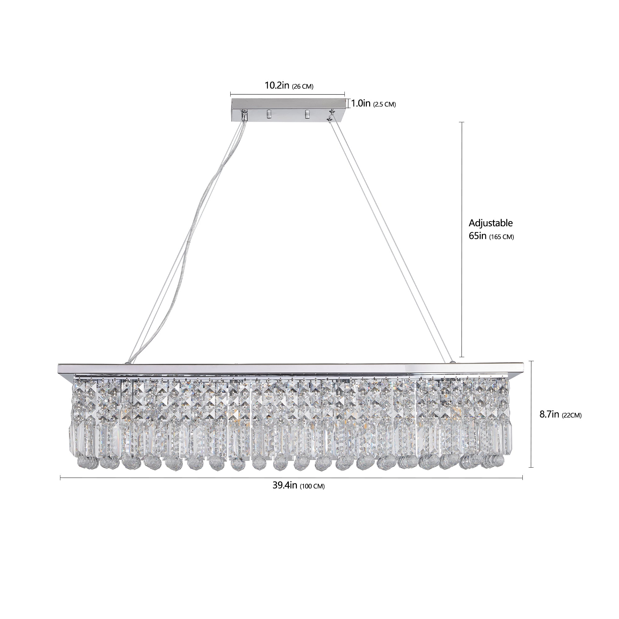 Lustre moderne en cristal pour salle à manger, 8 lumières, forme rectangulaire, blanc, forme goutte d'eau (L 99,4 x l 24,9 x H 22,1 cm) (ampoule non incluse)