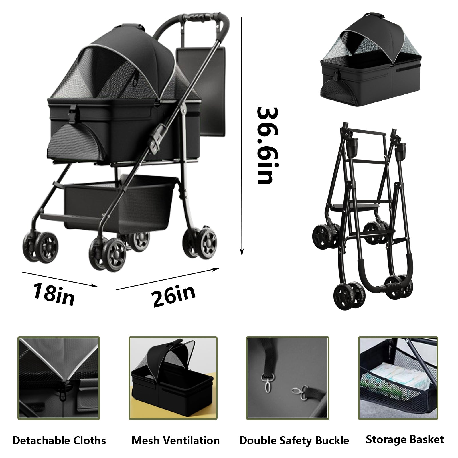 Chariot pliable 2 en 1 pour chien, chariot pliable pour animaux de compagnie, chariot à quatre roues pour chien/chat, coussin imperméable, siège auto, pare-soleil